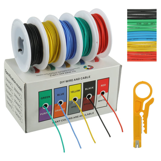 BOJACK 26 AWG Flexible Silicone Wire Electric Wire Hook up Wire Kit 300V Cables with Plus 20 φ3mm Heat Shrink Tubings and a Mini Wire Stripper(5 Colors 32.81Ft Each Color, 26AWG)