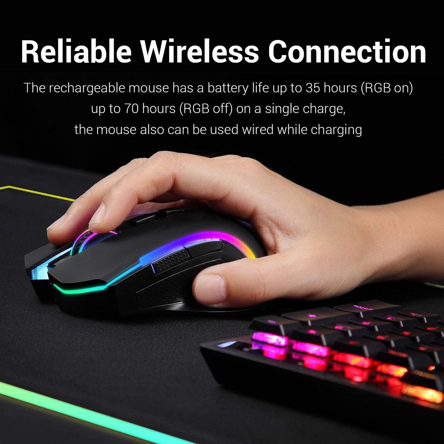 Redragon M602 Griffin RGB Gaming Mouse, RGB Spectrum Backlit Ergonomic Mouse with 7 Programmable Backlight Modes up to 7200 DPI for Windows PC Gamers (Black, Wireless)