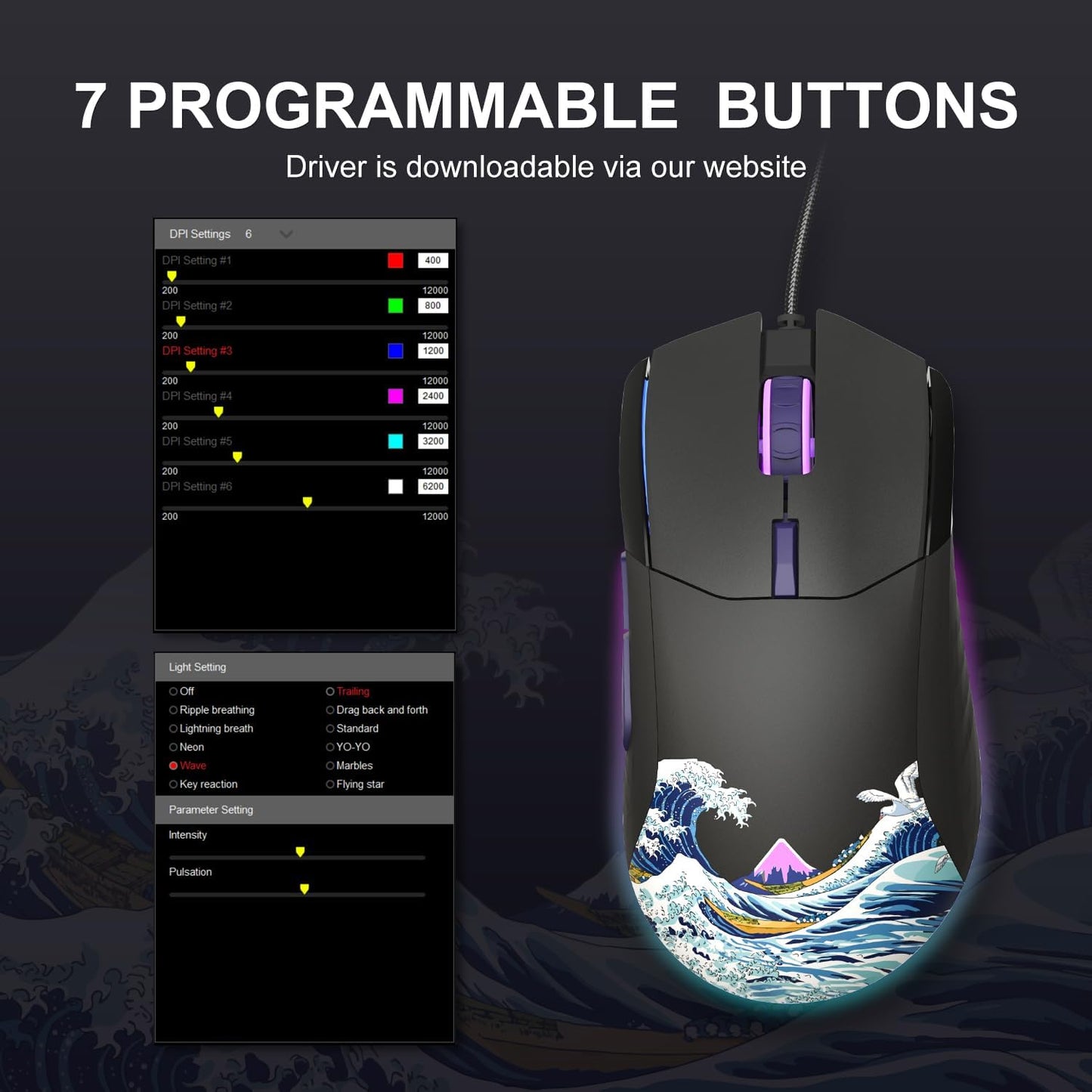 COSTOM Womier G705 USB Wired Gaming Mouse for PC Computer Windows Mac Laptop, Lightweight Silent RGB Backlit Mouse with Adjustable 12000DPI/7 Programmable Side Buttons,Black Kanagawa Theme