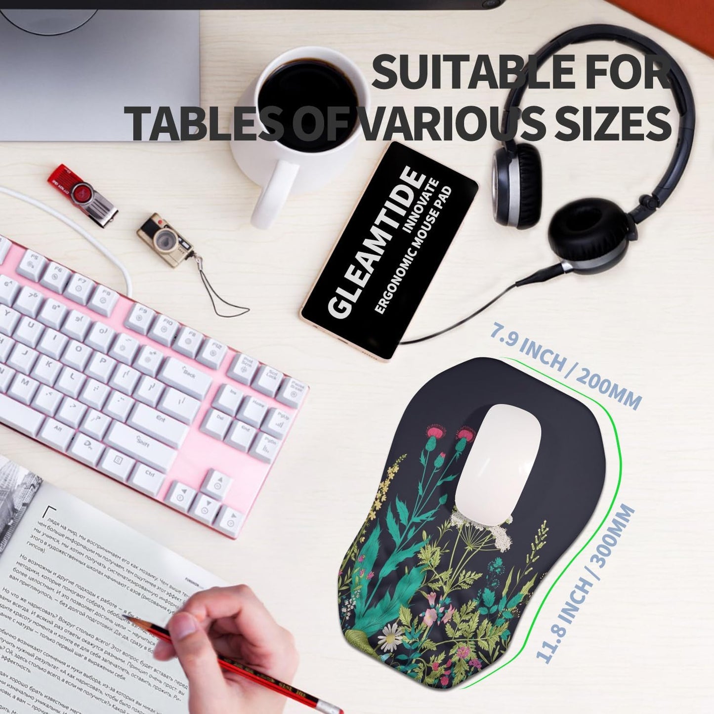 Ergonomic Raised Mouse Pad Wrist Support with Bilateral Slope Memory Foam Mousepad for Wrist Rest and Carpal Tunnel Pain Relief 11.8x7.9〃Midnight Flowers