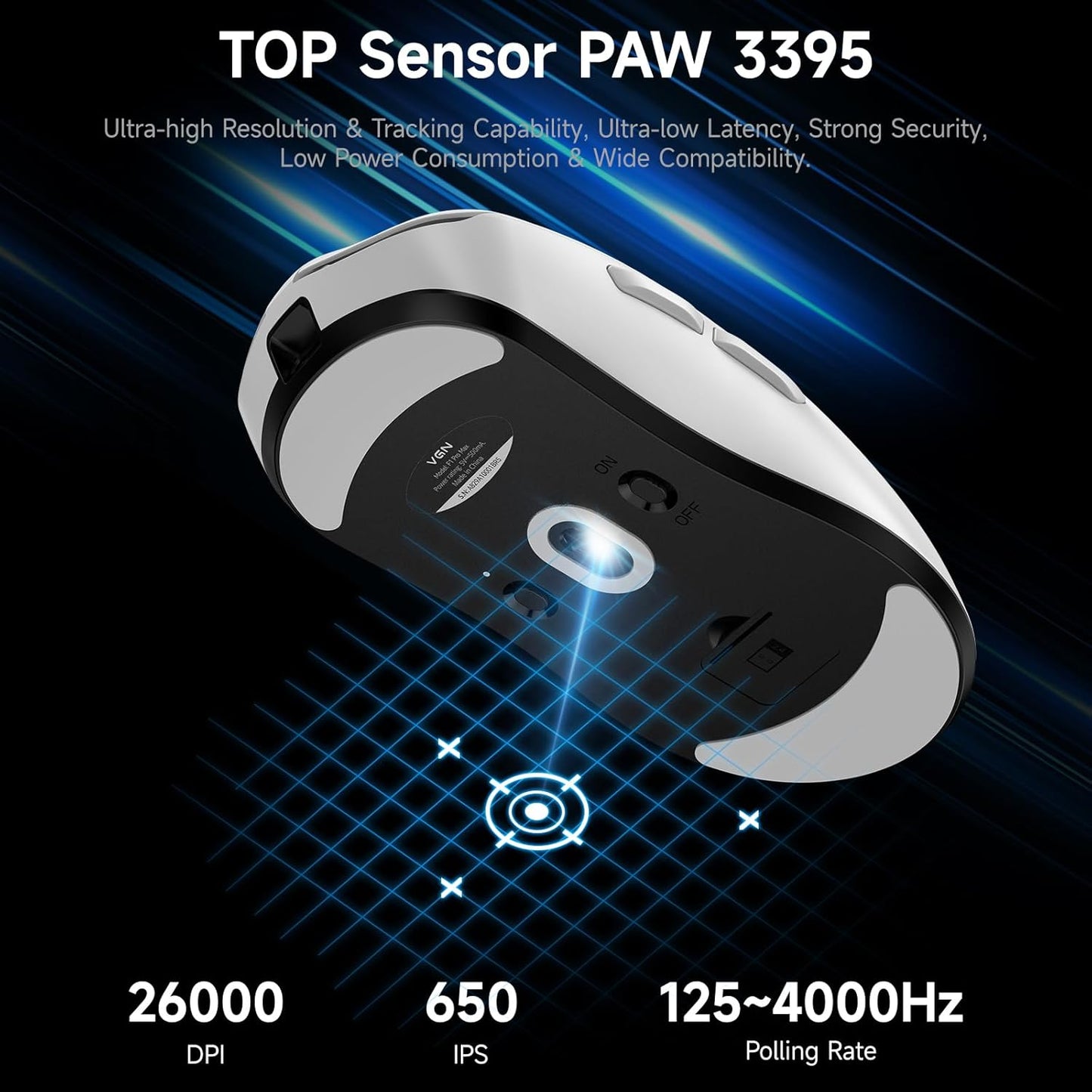 VGN F1 Pro Max Wireless Gaming Mouse - 55g Ultralight - 26000 Adjustable DPI - 1000Hz Polling Rate - 200h Battery - Wireless & Wired Mode - 6 Programmable Buttons - Professional Grade - USB-C - White