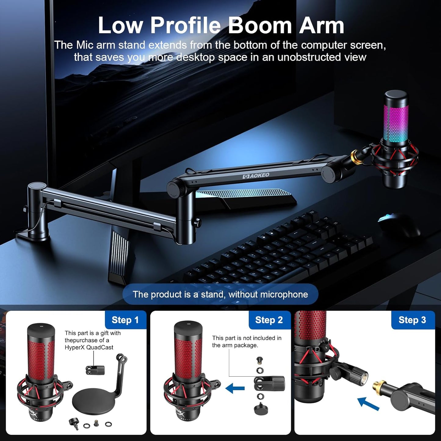 Microphone Arm,Aokeo AK-58 Desk Low Profile Adjustable Mic Boom Arm Stand,Suitable For Blue Yeti,Snowball iCE, HyperX QuadCast,SoloCast,Elgato Wave,Etc