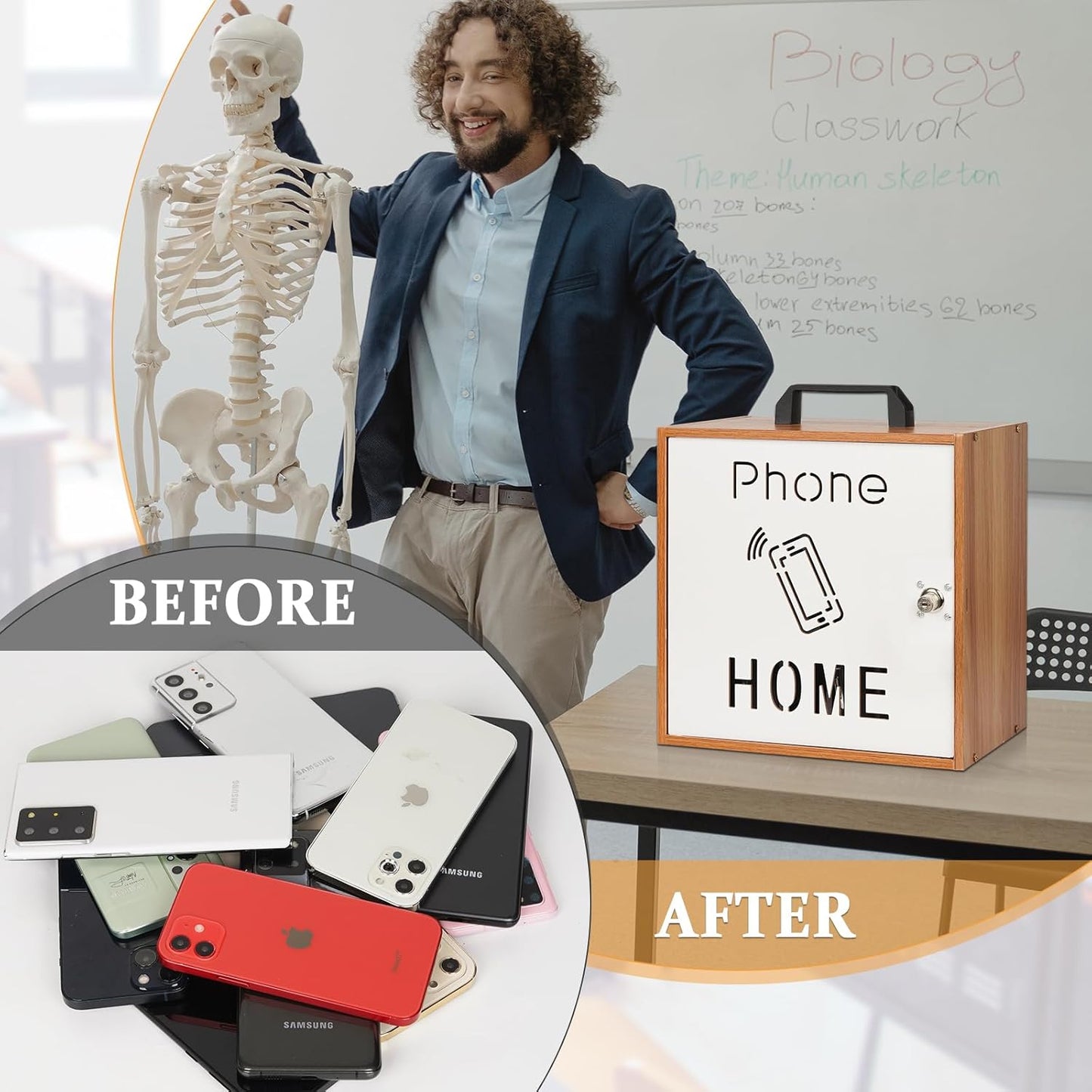 Cell Phone Holder Classroom 33 Slots Wooden Cell Phone Storage Cabinet Pocket Chart with Handle and Security Lock for Classroom Office (33 Grid Cabinet Cherry)