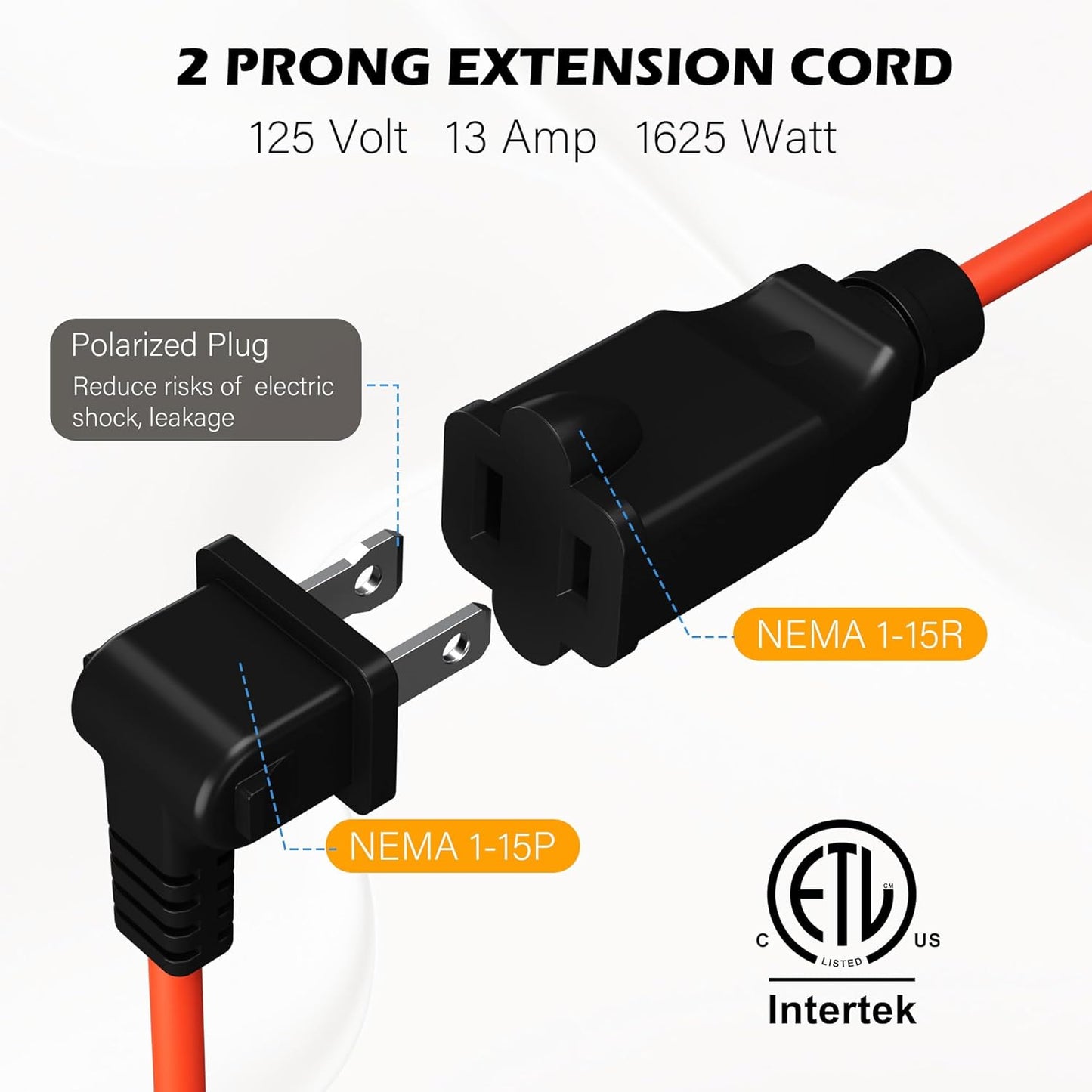 90 Degree 2 Prong Polarized Outdoor Power Extension Cord 75 FT, Angled Low-Profile Plug, 16 Gauge 125V SJTW Waterproof Long Cable for Home Office Lawnmower Garden Tools Lights, ETL+Ties-Bright Orange