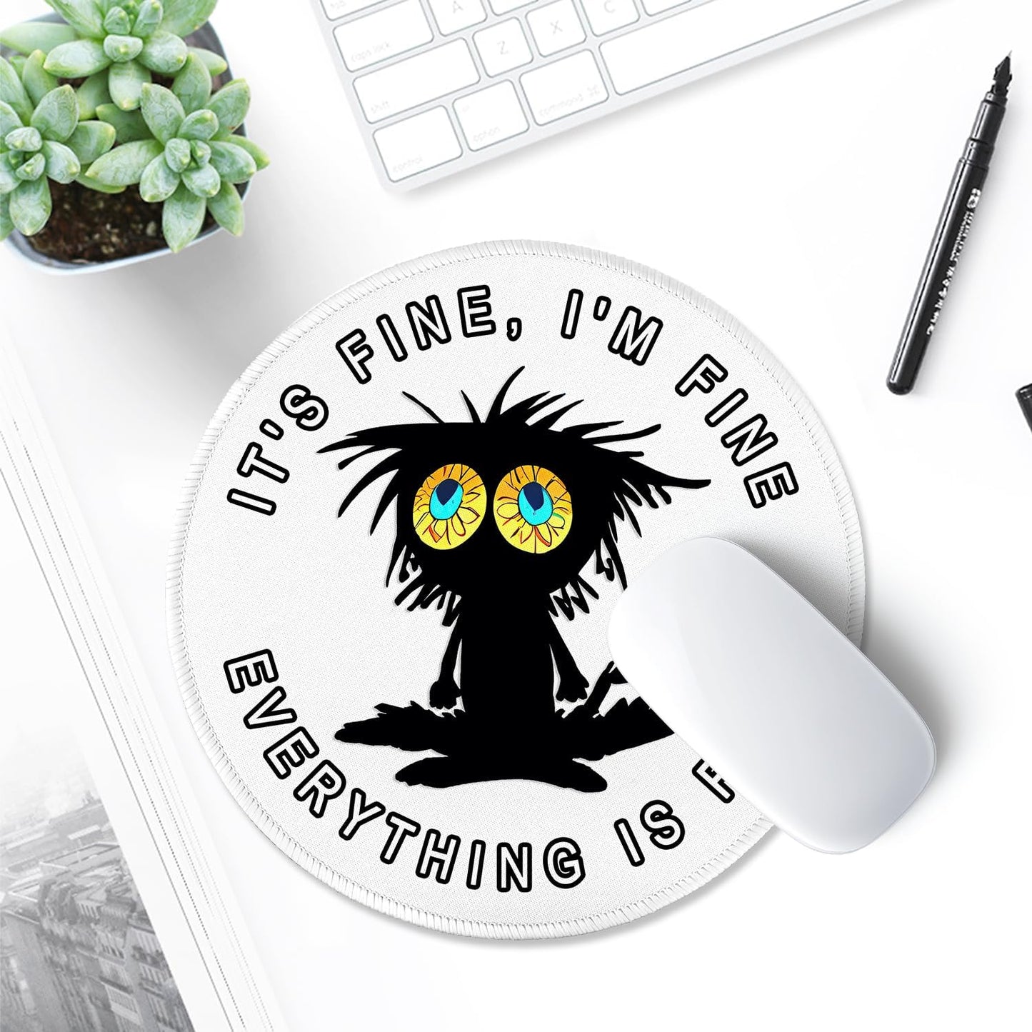 ITNRSIIET Round Mouse Pad with Stitched Edge Premium-Textured Waterproof Non-Slip Rubber Base Desktop Protection Mat Diameter 8.7 inches, Funny Black Cat