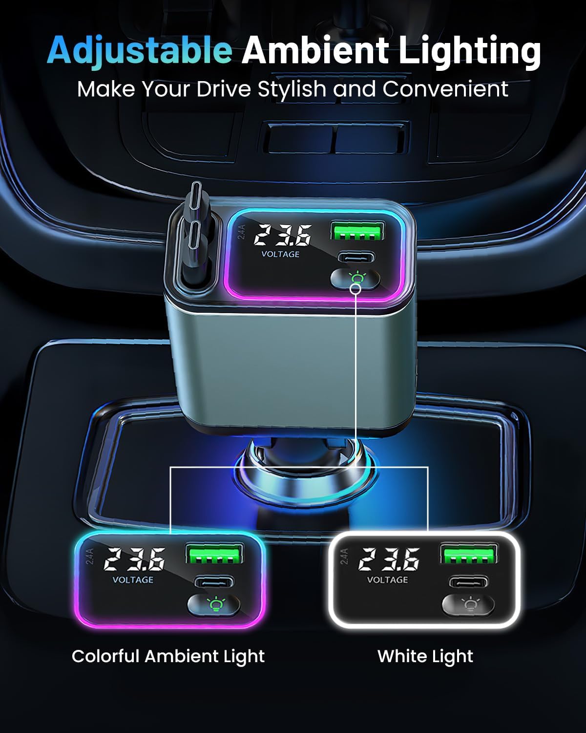 [2 Pack] 4 in 1 Retractable Car Charger with RGB Light, 92W Fast Charging Dual USB C Car Adapter, Compact Car Phone Charger for iPhone/Galaxy/Pixel, Road Trip Essentials (Dual Type C Cable)