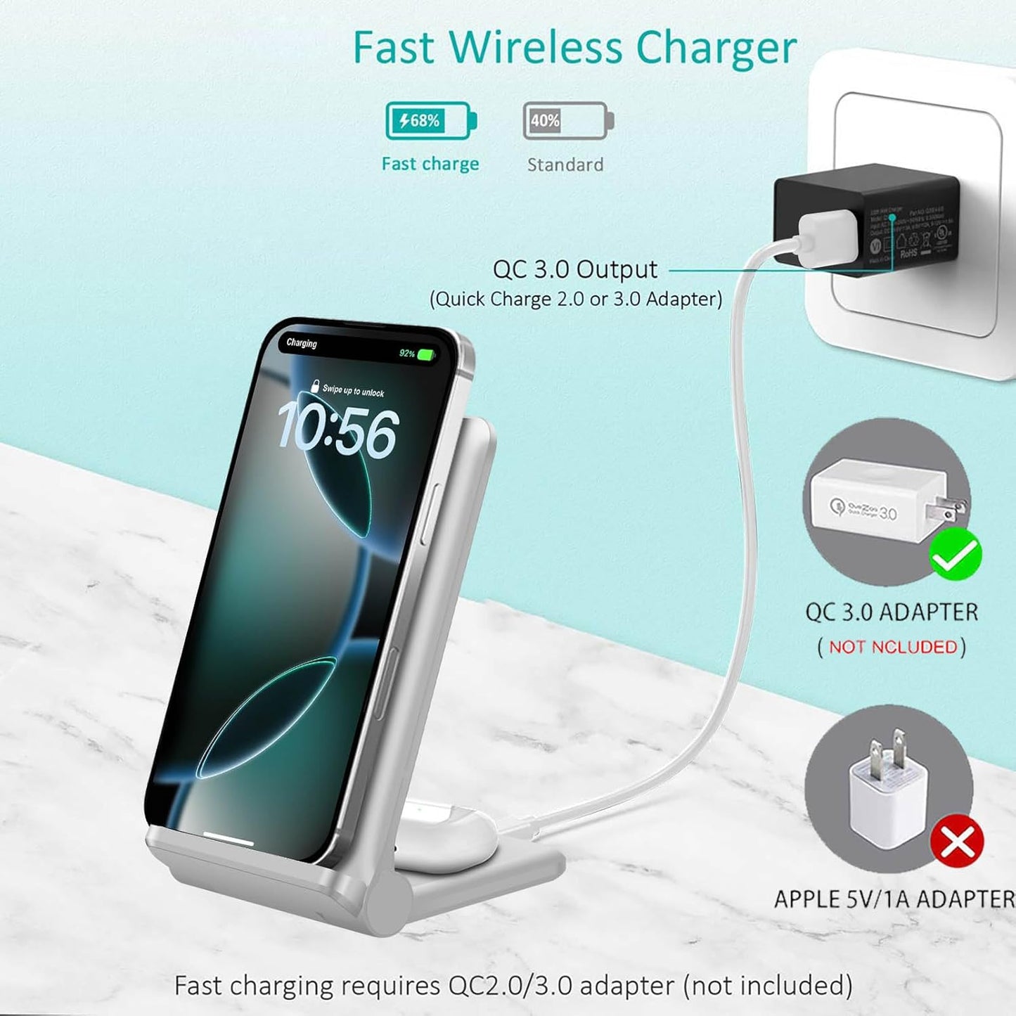 2 in 1 Wireless Charger,Foldable 20W Fast Wireless Charging Stand Compatible with iPhone 16/16 Pro/15/14/13/12/X/AirPods,Dual Phone Induction Charge Station for Samsung,Pixel,Xperia,LG(No Plug)