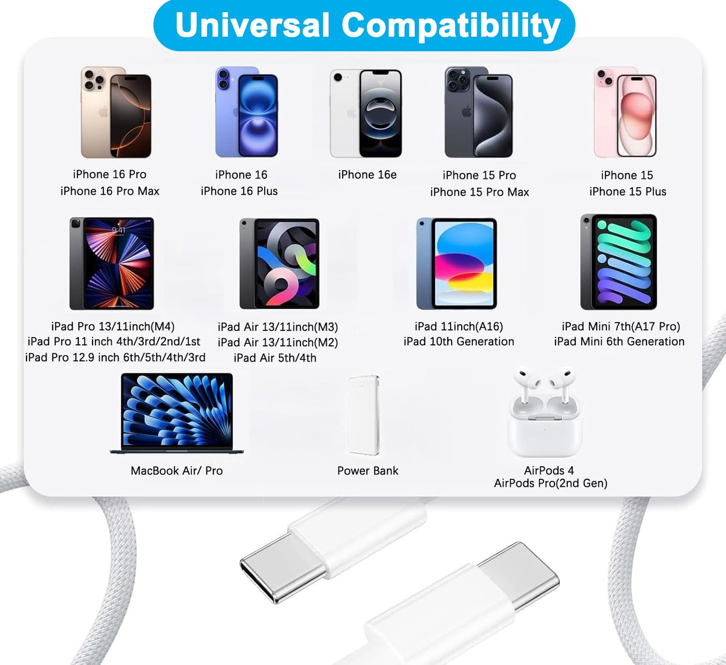 iPhone 16 15 Charger Fast Charging,iPad Fast Charger USB C Chargers Apple iPad Charger 2Pack 6FT Type C USBC to C Woven Cable Cord Block for iPad Pro 12.9/13/11inch,iPad Air,iPad Mini 6/7th,iPad 10/11