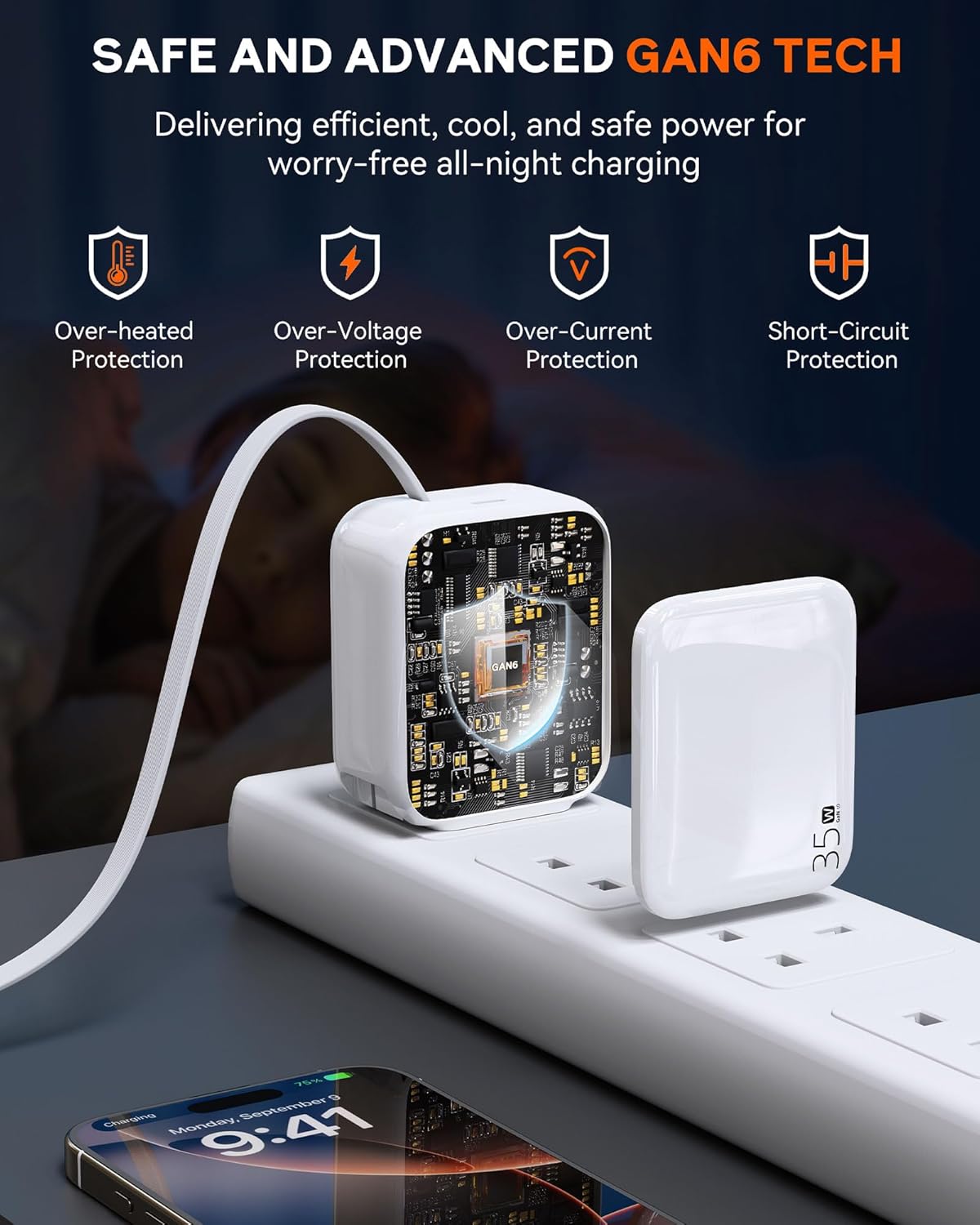 35W Retractable USB-C Wall Charger, Fast Charging Block with Foldable Plug and Retractable Type-C Cable, Dual Port PD Charger for iPhone 16/15, Galaxy S23/S22, LG, Compact for Travel & Home