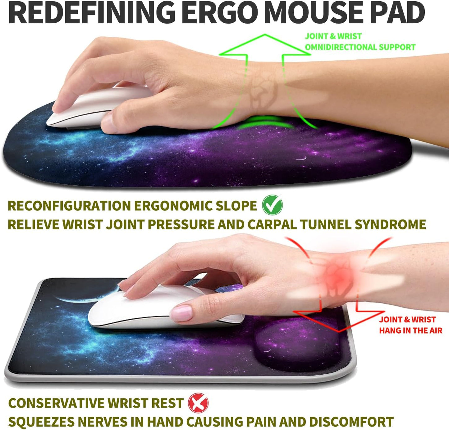 Hokafenle Ergonomic Mouse Pad Wrist Support, Terraced Slope Carpal Tunnel Wrist Pad for Mouse with Unibody Memory Foam, Wrist Rest Pain Relief Mousepad (Galaxy, 11.8x7.9 in)