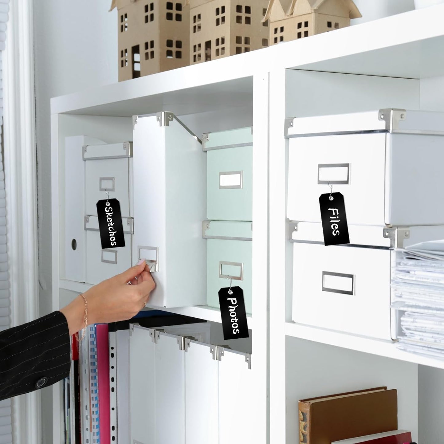 100 Pcs Waterproof Hanging Price Tags with String Attached - Black, 4 3/4" x 2 3/8" for Retail, Engraving, Gift, Equipment, Garage, Shelf Parts