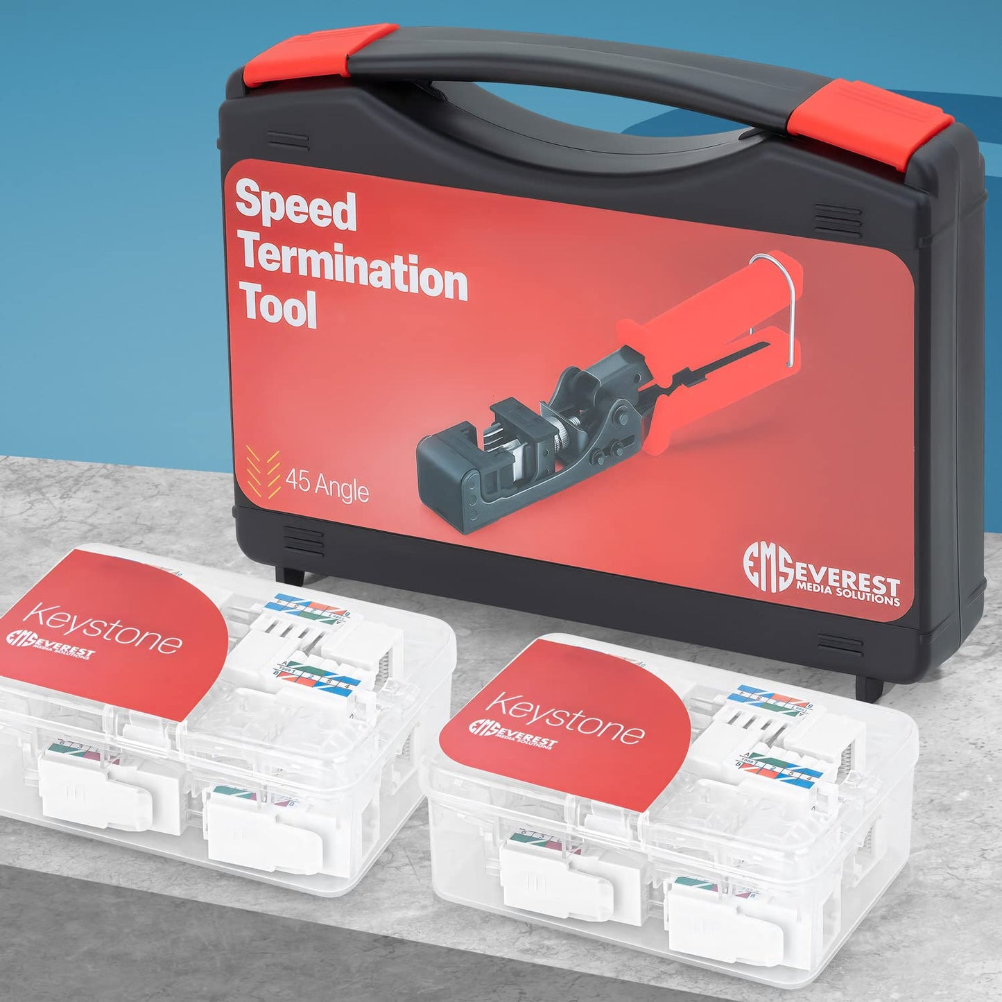 Everest easyJACK - 45° Angled Speed Termination Keystone Tool Set - with 20-Pack of RJ45 Cat6 Keystone Jacks in White (Slim Profile Design) - Time Saver Network Punch Down Tool Cat6