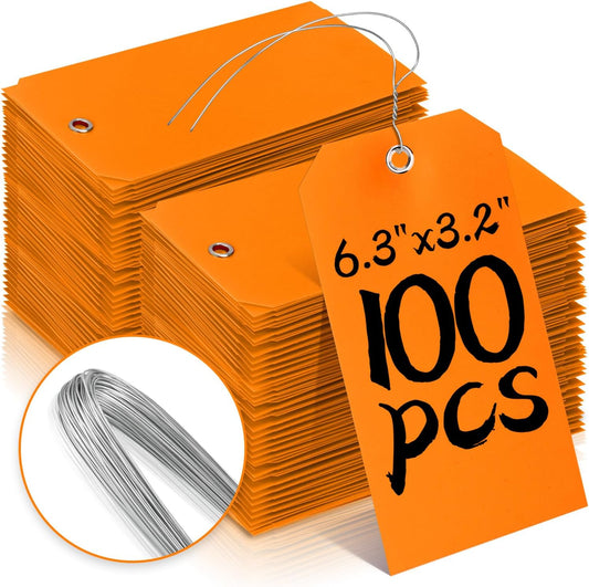 AmazonBasics 100pc Plastic Shipping Tags - BrieFcase Wires, Blank with Reinforcement Hole, Orange, 6 1/4" x 3 1/8" Durable Waterproof Hang Tags