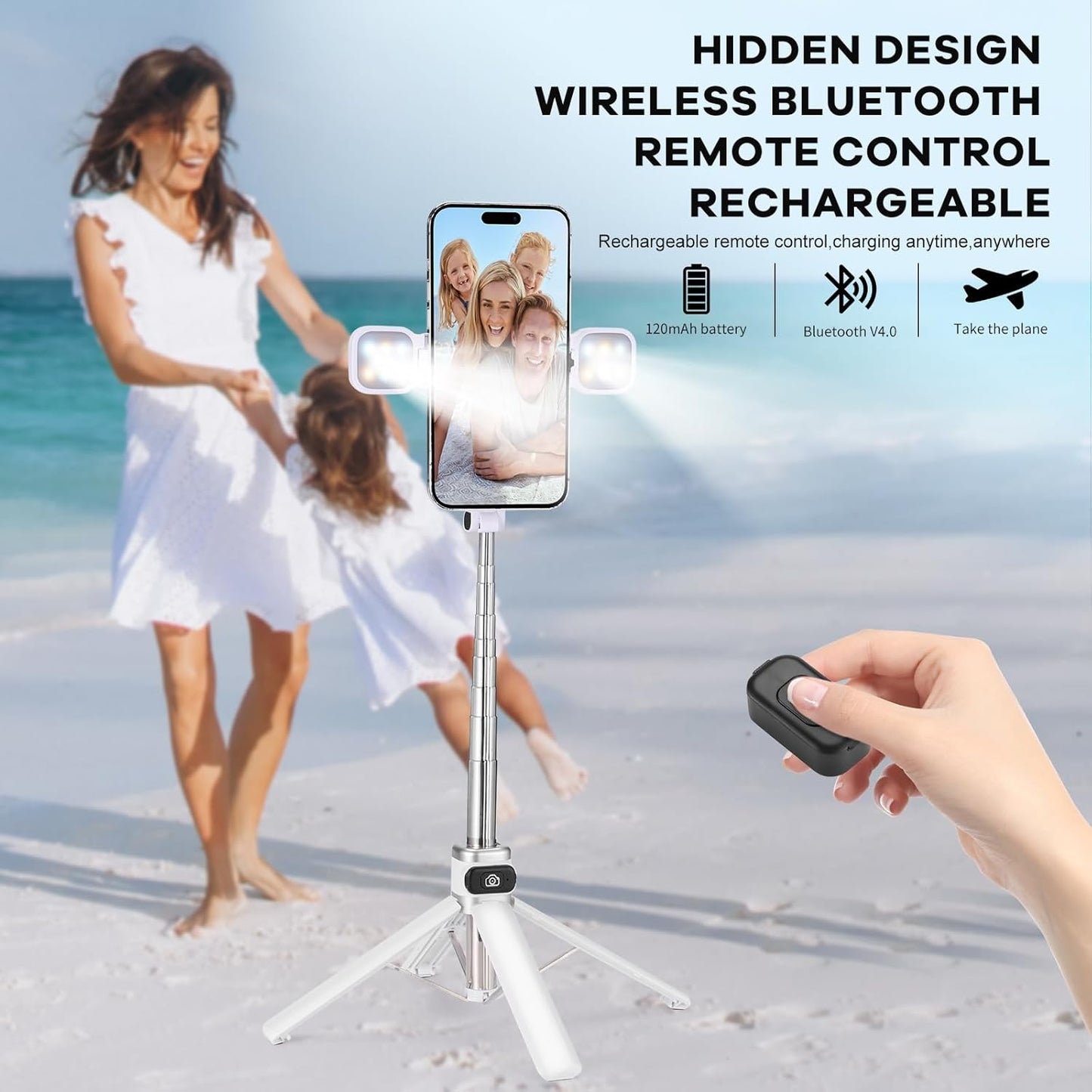 Mini Phone Tripod Stand,MQOUNY 38" Phone Tripod &Selfie Stick with Wireless Rechargeable Remote & Removable Light, Extendable Tripod Stand 360 Rotation Compatible with Phone&Android Samsung (White)