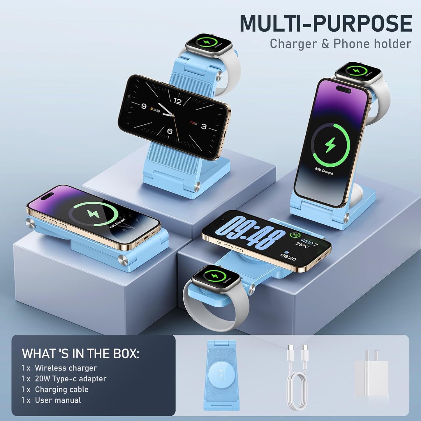 Magnetic Wireless Charger Stand, 3 in 1 Foldable Wireless Charging Station, Travel Charger for Multiple Devices for iPhone 16 15 14 13 12 Series, Apple Watch Ultra/SE/9/8/7/6/5/4/3/2, AirPods