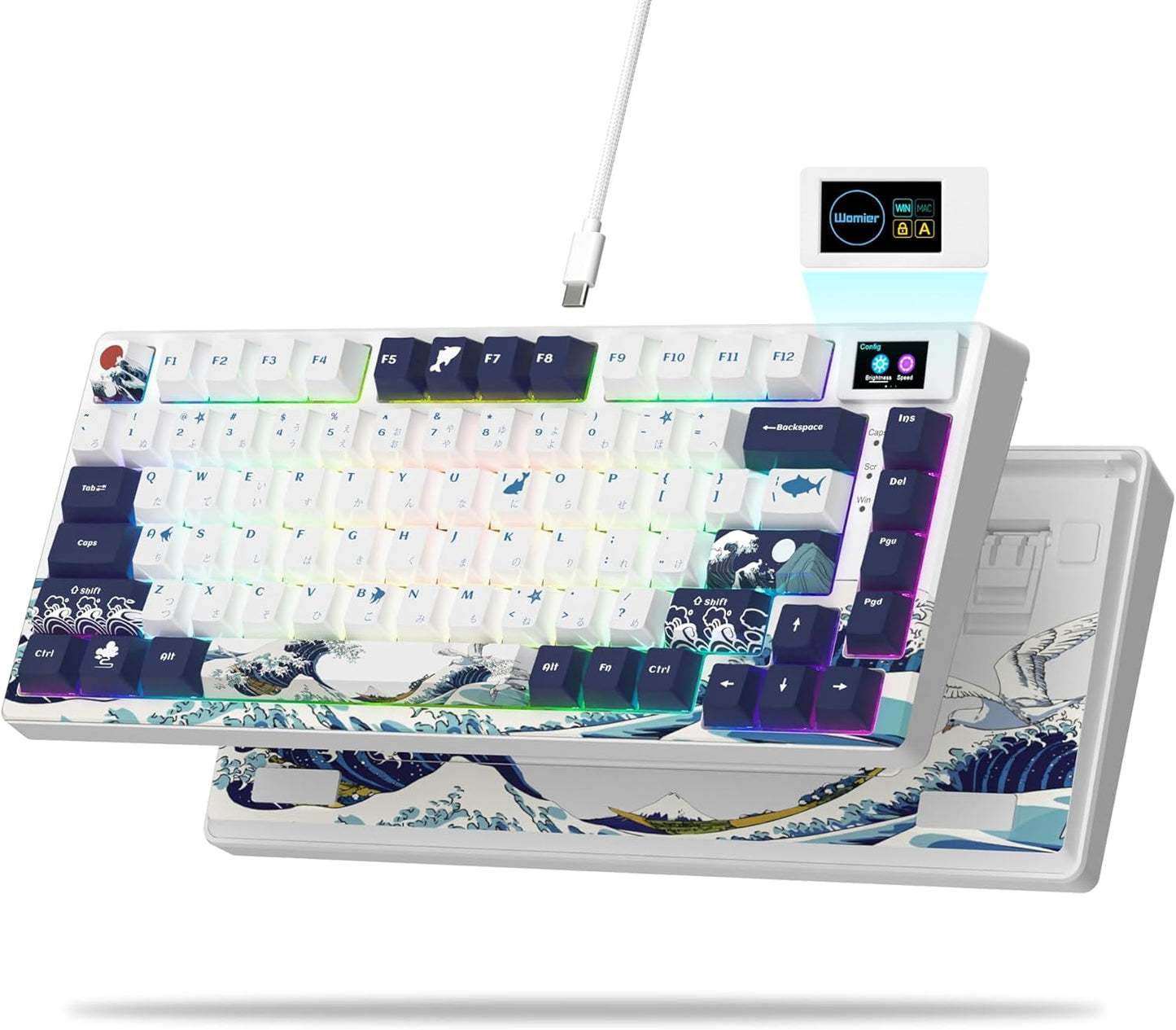 Womier S-K80 75% Keyboard with Color Multimedia Display Mechanical Gaming Keyboard, Wired Hot Swappable Gasket Mount RGB Custom Key Board, Pre-lubed Stabilizer for Mac/Win, White Kanagawa