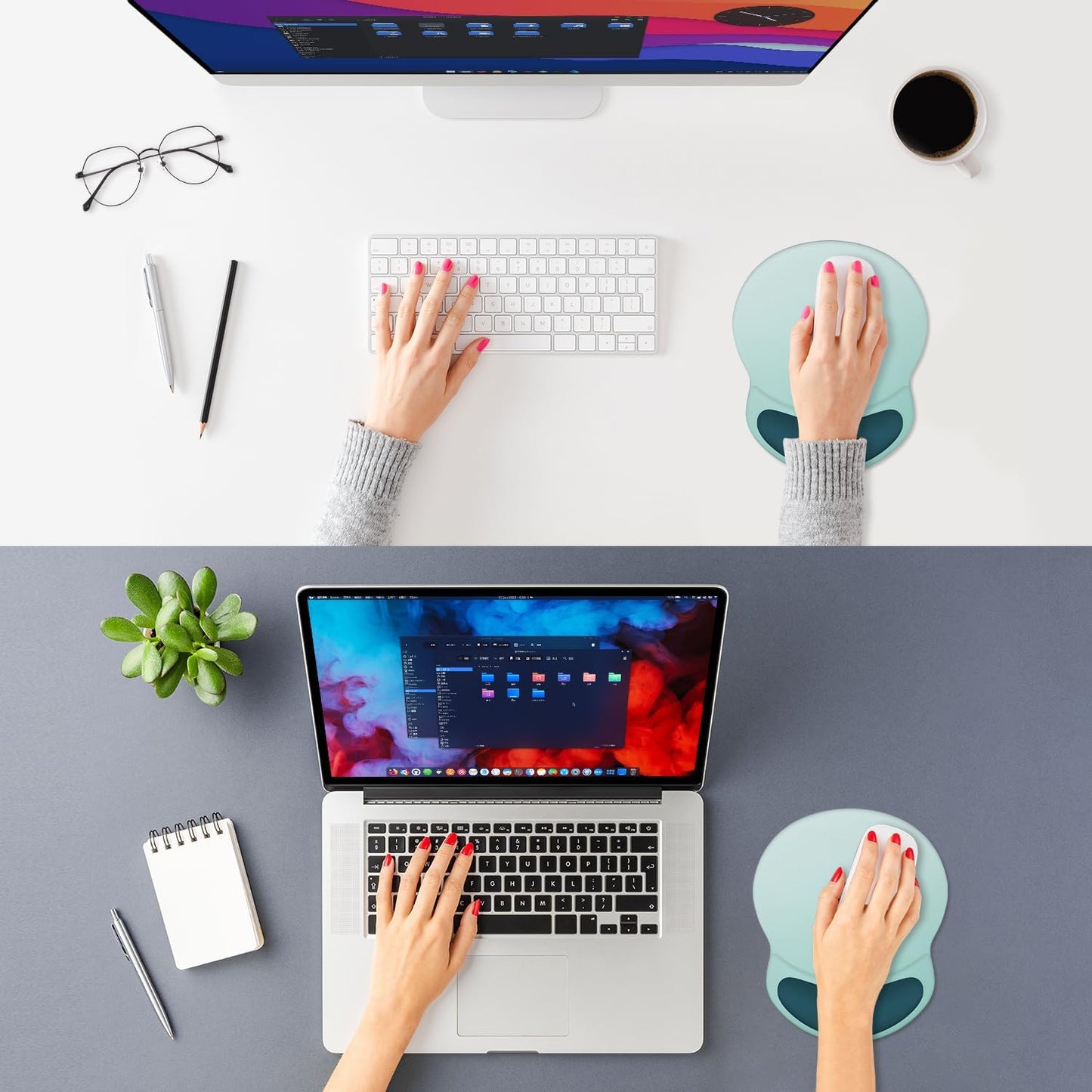 ITNRSIIET Ergonomic Mouse Pad with Comfort Gel Wrist Rest, Non-Slip PU Base, Smooth Textured Surface, Reduces Hand Fatigue & Wrist Pain, 8.7 x 7.2 Inch for Office Gaming Home, Light Green to White