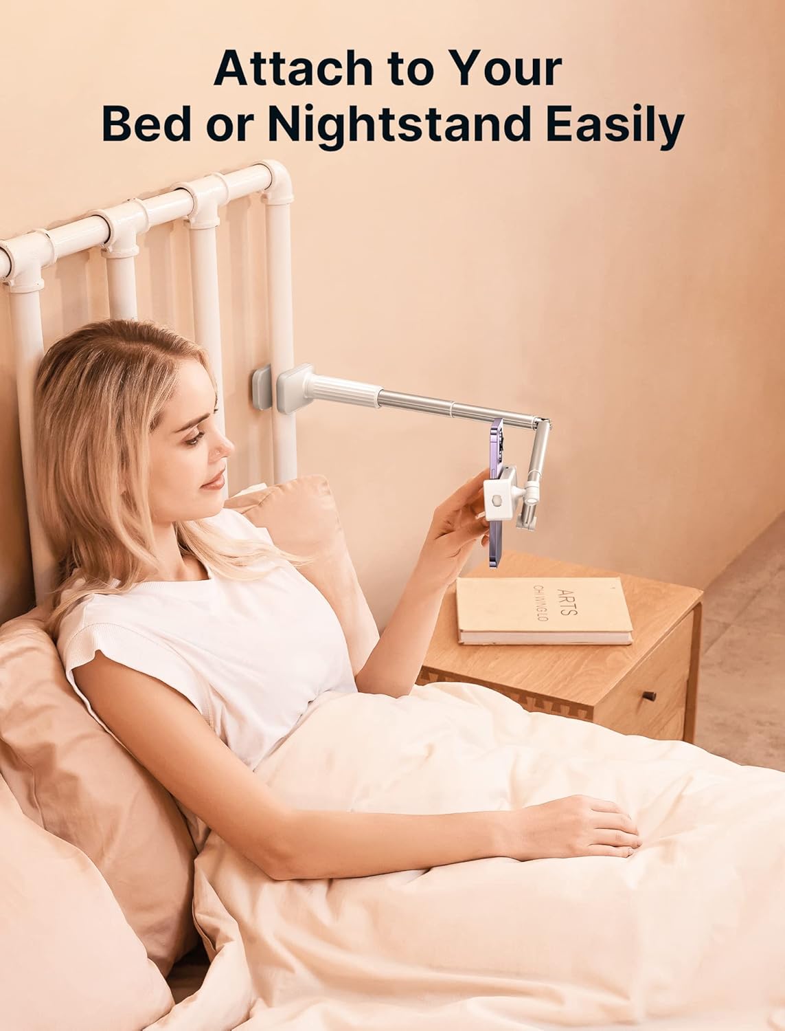 JSAUX Phone Holder for Desk and Bed Compatible with iPhone 16 15 14 13 12 Overhead Phone Mount Gooseneck Phone Stand Flexible 360 Lazy Long Arm Clamp Clip for Table Bedside [1-Pack, White]