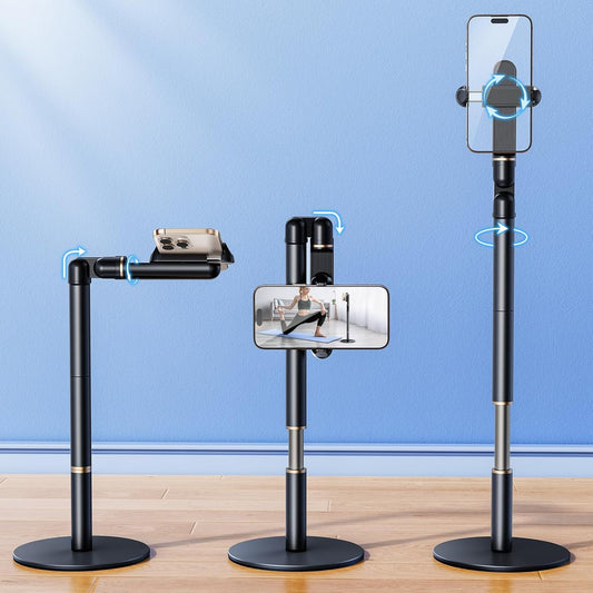 Angle Height Adjustable Phone Holder for Desk [10"-25"] - Retractable Cell Phone Holder for Video Recording Cooking Excising Working Reading -Aluminum Universal iPhone 16 15 14 13 Stand