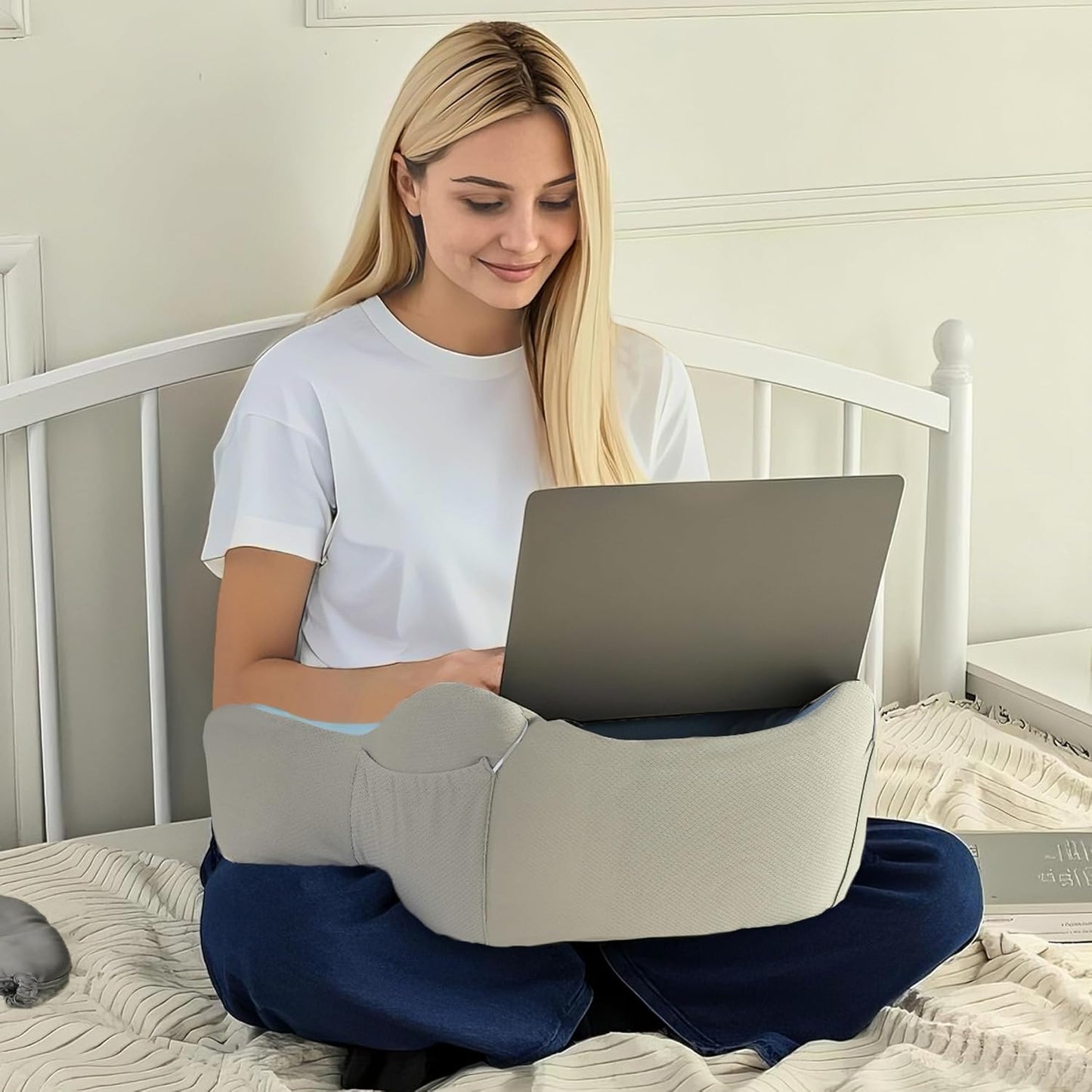 XWZO Laptop Lap Desk with Cushion, Ergonomic Wrist Rest Home Office Laptop Desk, Portable Memory Foam Arm Rest Gaming Pillow, Work or Sleep Pillow Stand for Bed, Eye Mask Included, Blue