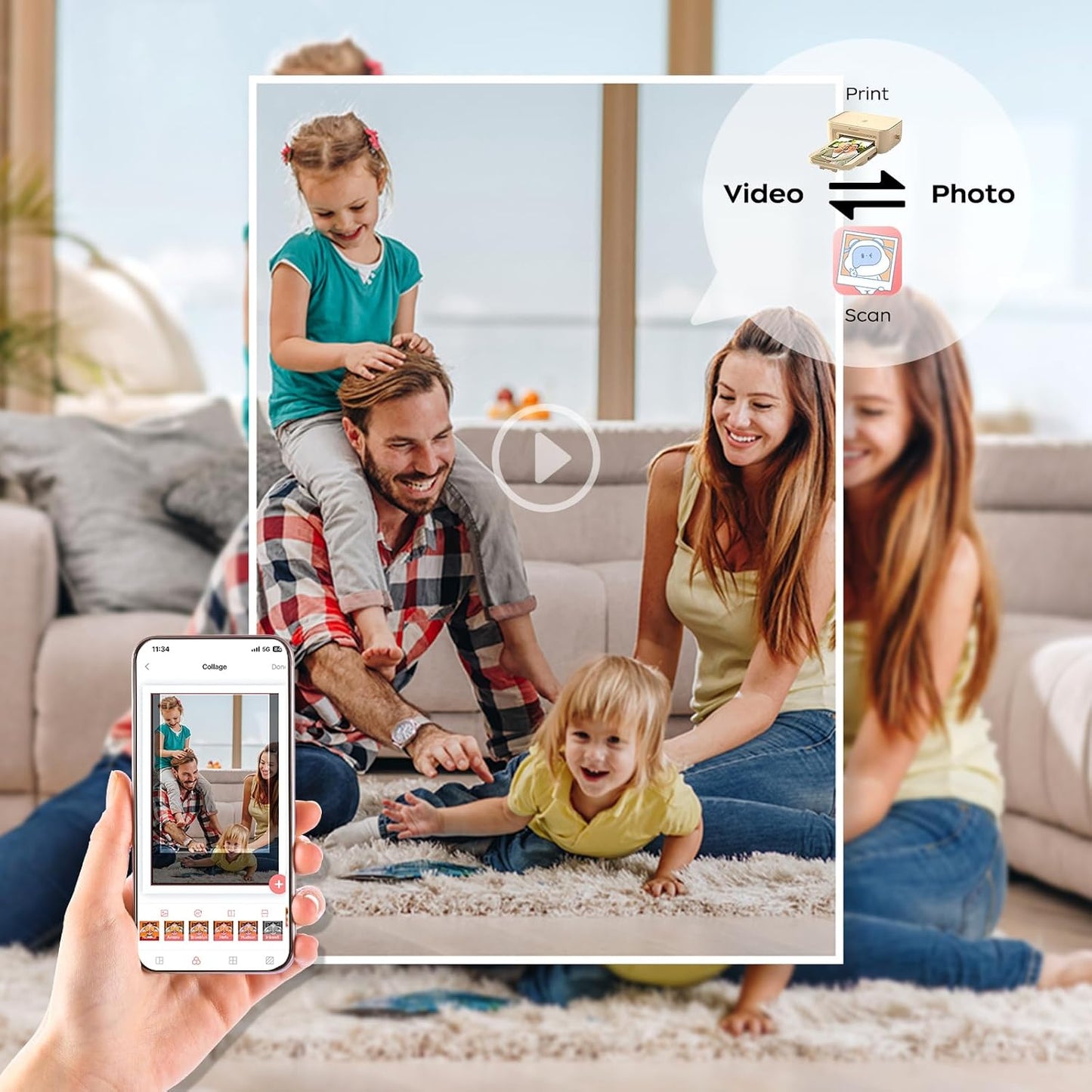 4x6 Photo Printer with 108 Sheets & 2 Ribbons - Dye Sublimation Wireless Portable Photo Printer for iPhone & Android Smartphones, Home & Travel Picture Printing, Ideal Gift, Beige