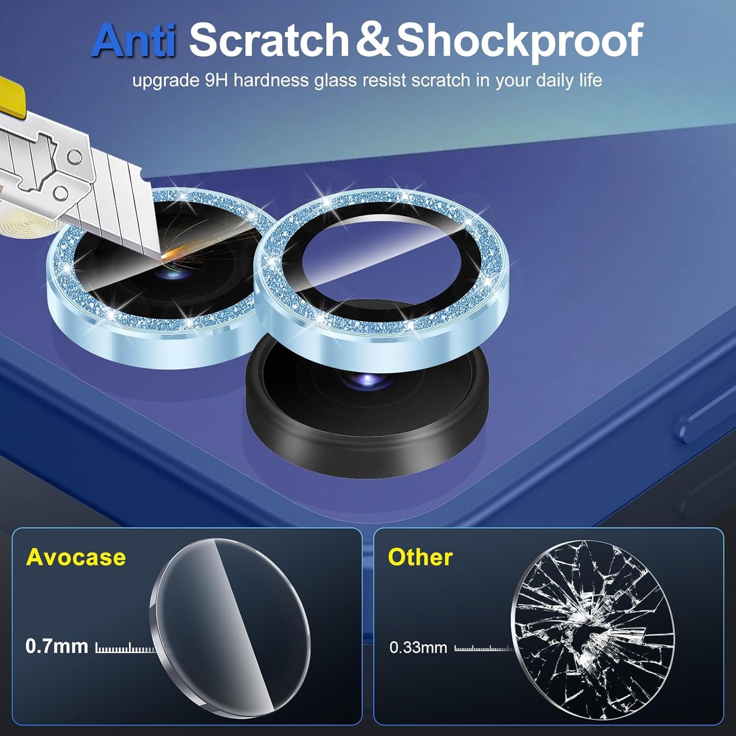 for Samsung Galaxy Z Flip 7 Camera Lens Protector, Individual Metal Ring Tempered Glass Lens Cover, [Strong Adsorption] Scratch Resistant Ultra-Thin HD Clear Lens Cover, 1 Set-Blue Sparkly