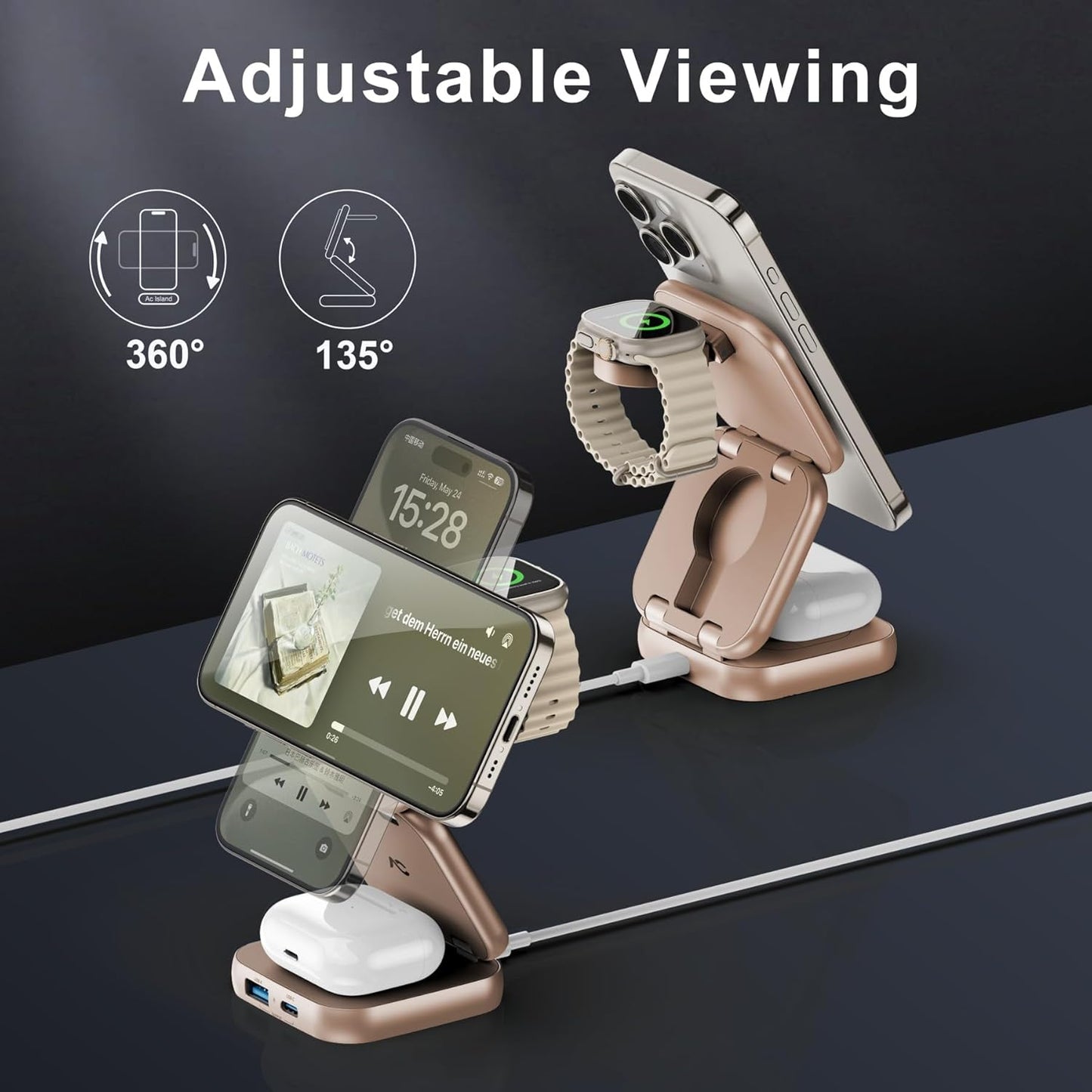 5-in-1 Wireless Charger for MagSafe, AC ISLAND Portable Travel Charging Station, 15W Max Fast Foldable Magnetic Stand, Evolved for iPhone 16/15/14/13 Series, Apple Watch, AirPods (with 35W Adapter)