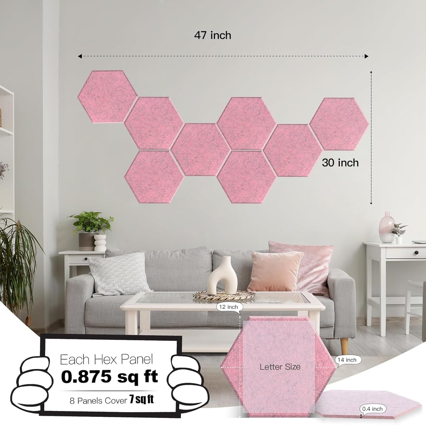 Mollywell Hexagon Acoustic Panels, High Density, Soundproofing, Decorative Noise Reduction Felt Wall Tiles for Ceilings, Home Office & Gaming Room (Smoky Pink), 14x12x0.4 Inch