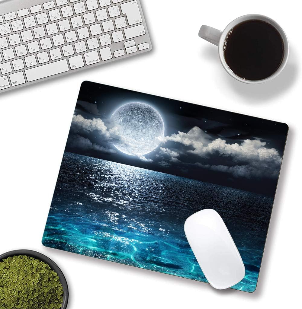 Moon Illuminating The Clear Blue Ocean Design Mouse Pad, Mouse Mat Square Waterproof Non-Slip Rubber Base MousePads for Computer Laptop Men Women Kids
