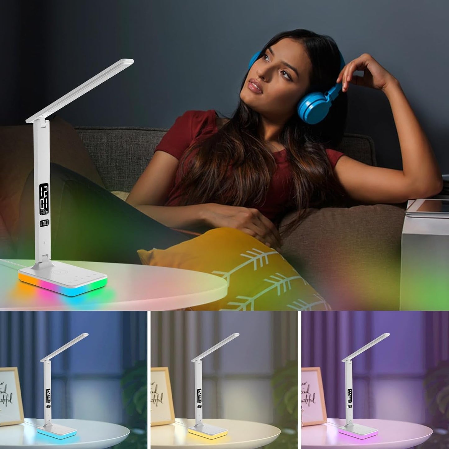 LED Desk Lamp for Home Office, USB Charging Port, Reading Lamp Desk Light with 5 Brightness, 3 Colors, Table Lamp with Clock, Alarm, Date, Temperature, Desk Lamp for College Dorm Room (White)