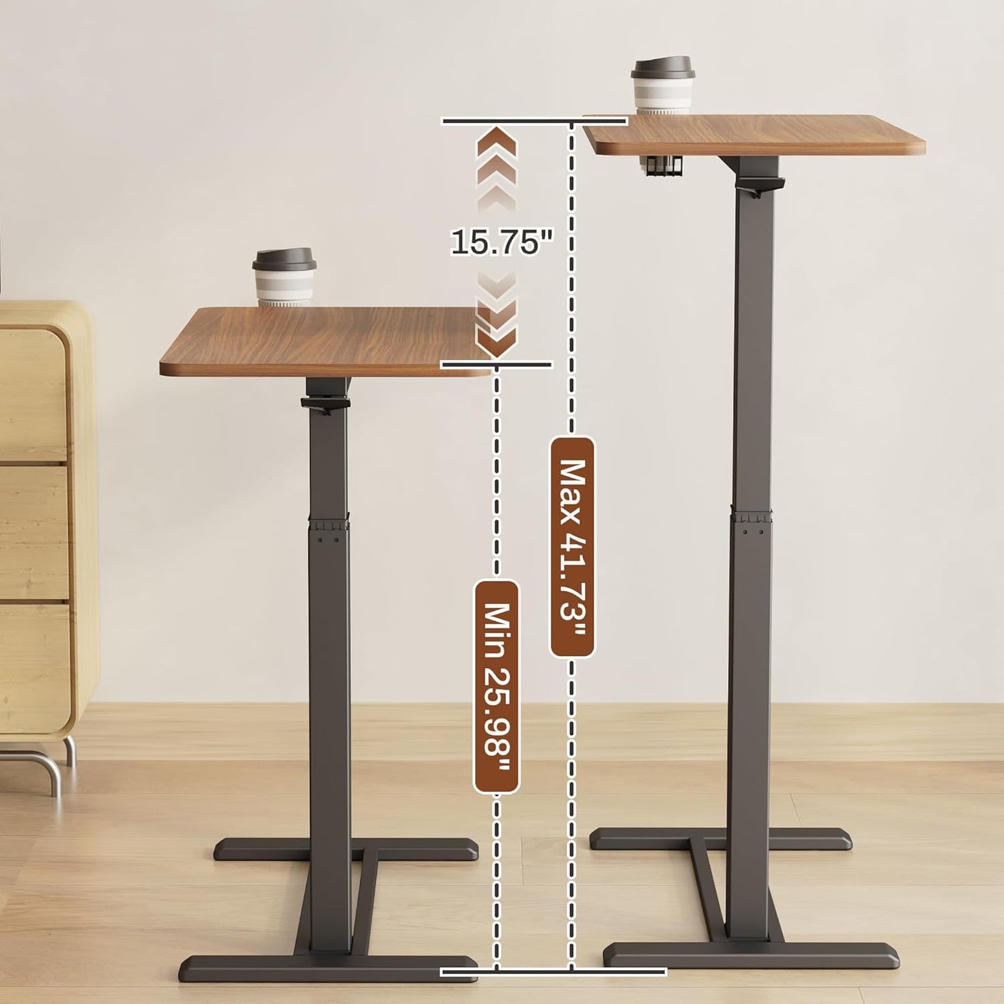 FLEXISPOT Mobile Standing Desk with Wheels Pneumatic Laptop Desk Rolling Computer Cart Movable Height Adjustable Small Sit Stand Desk Computer Workstations Home Use(27.6" W x 15.7" D,Mahogany)