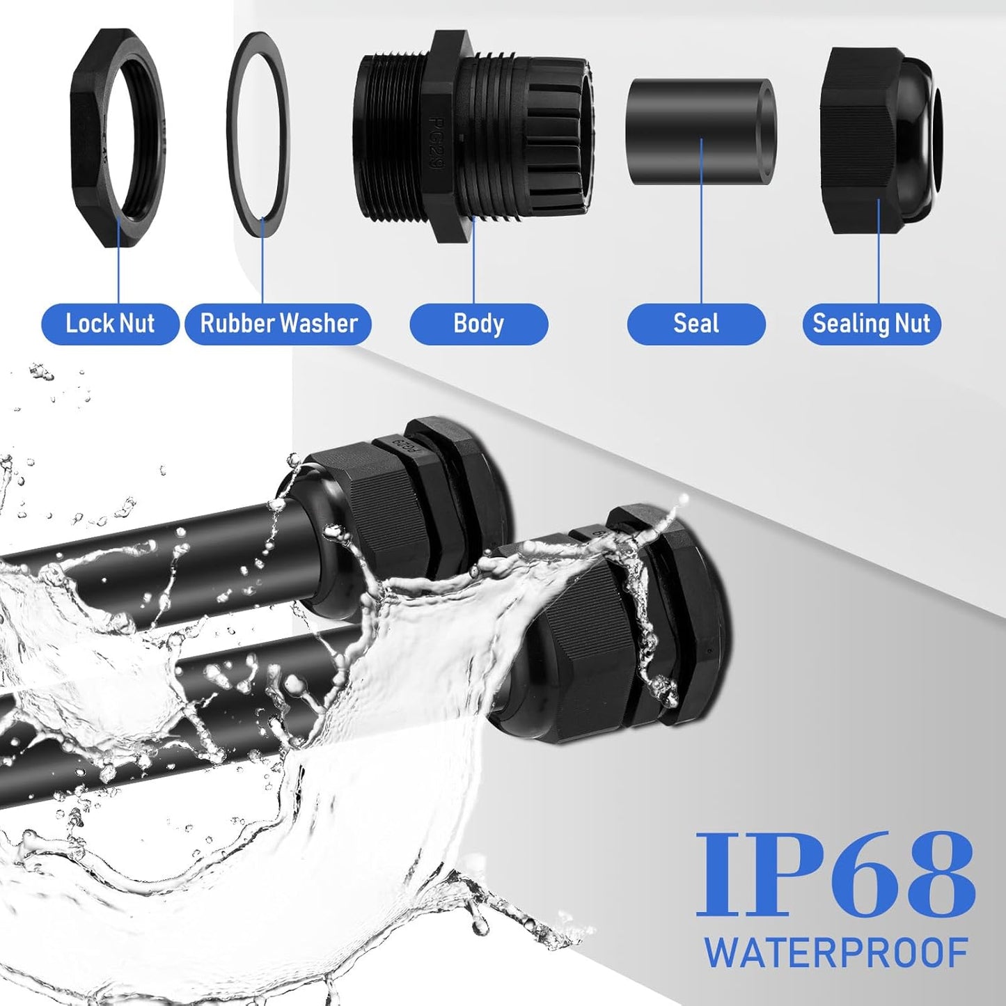 Duraaamo 100pcs Nylon Cable Gland Kit 3-25 mm Cable Gland Connectors NPT Waterproof Strain Relief Cord Connector Black Plastic Cord Grip Weatherproof Cable Pass Through PG7 PG9 PG13.5 PG21 PG29