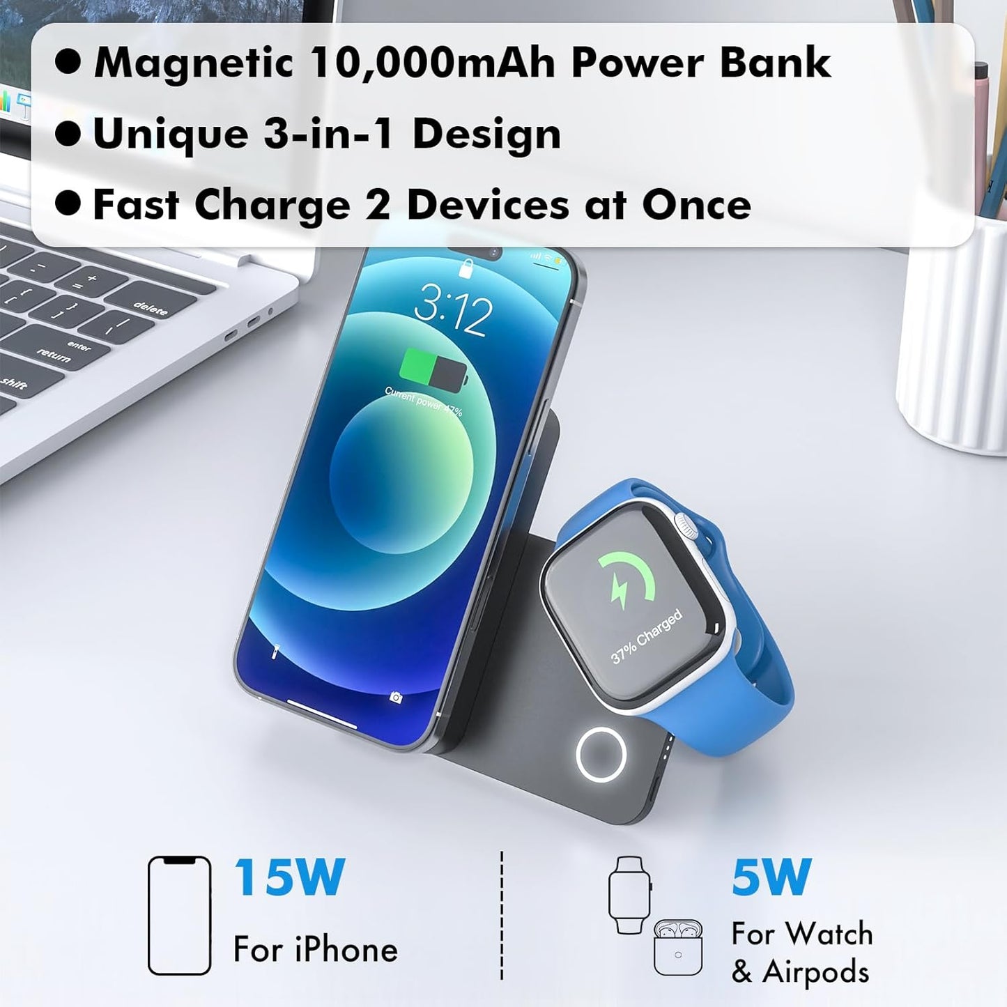 Magnetic Wireless Power Bank, 3-in-1 Portable Charger 10000mAh w/Kickstand, Battery Pack for MagSafe, Charging Station for iPhone 16/15/14/13, Apple Watch & AirPods, 15W Charger w/Stand