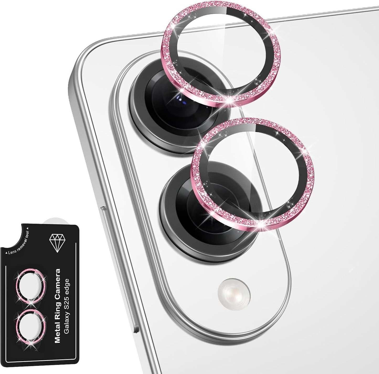 for Samsung Galaxy S25 Edge Camera Lens Protector, Individual Metal Ring Tempered Glass Lens Cover, [Strong Adsorption] Scratch Resistant Ultra-Thin HD Clear Lens Cover, 1 Set-Pink Sparkly