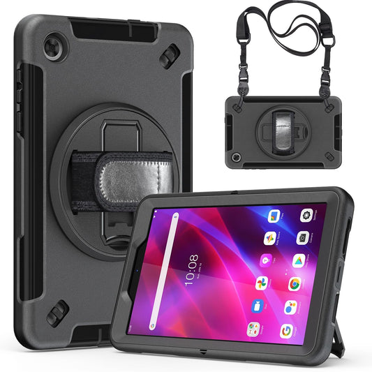 Junfire Shockproof Case for Lenovo Tab M8 4th Gen 2023, Heavy Duty Rugged Case with 360°Rotatable Kickstand/Hand Strap/Stylus Holder for TB-300FU/TB-300FX, Black
