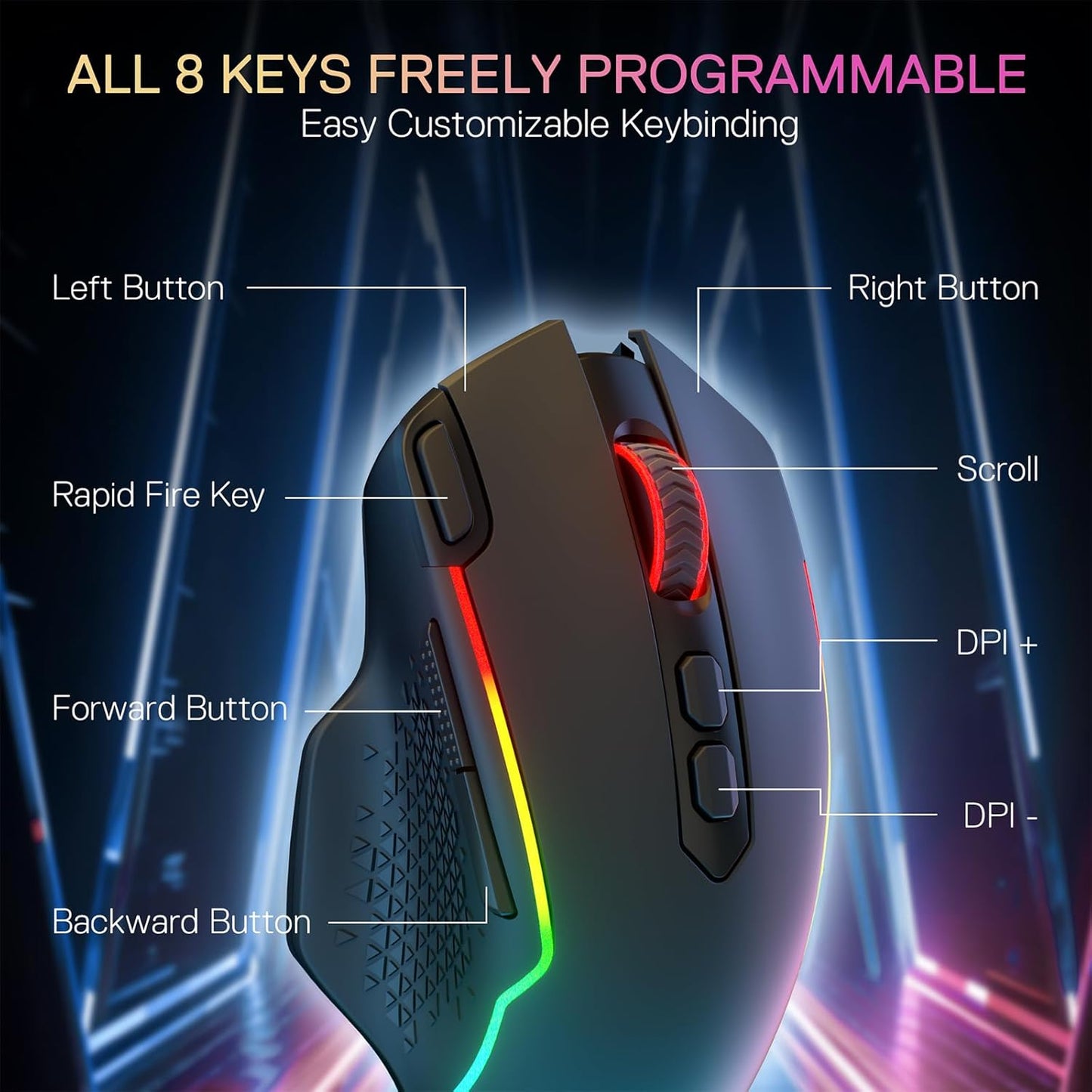 Redragon M810 MAX 3-Mode Wireless Gaming Mouse, 12000 DPI Wired/Wireless RGB Mouse w/Rapid Fire Key, 8 Macro Buttons, 188-Hour Reliable Power Capacity for PC/Mac/Laptop