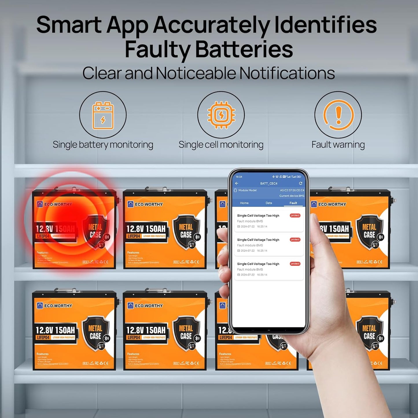 ECO-WORTHY 12V 150Ah Metal Case LiFePO4 Lithium Battery with Bluetooth, Low-Temp Protection, Rechargeable Deep Cycle Battery with 120A BMS, Ideal for Solar, RV, Camper, Marine, Trolling Motor