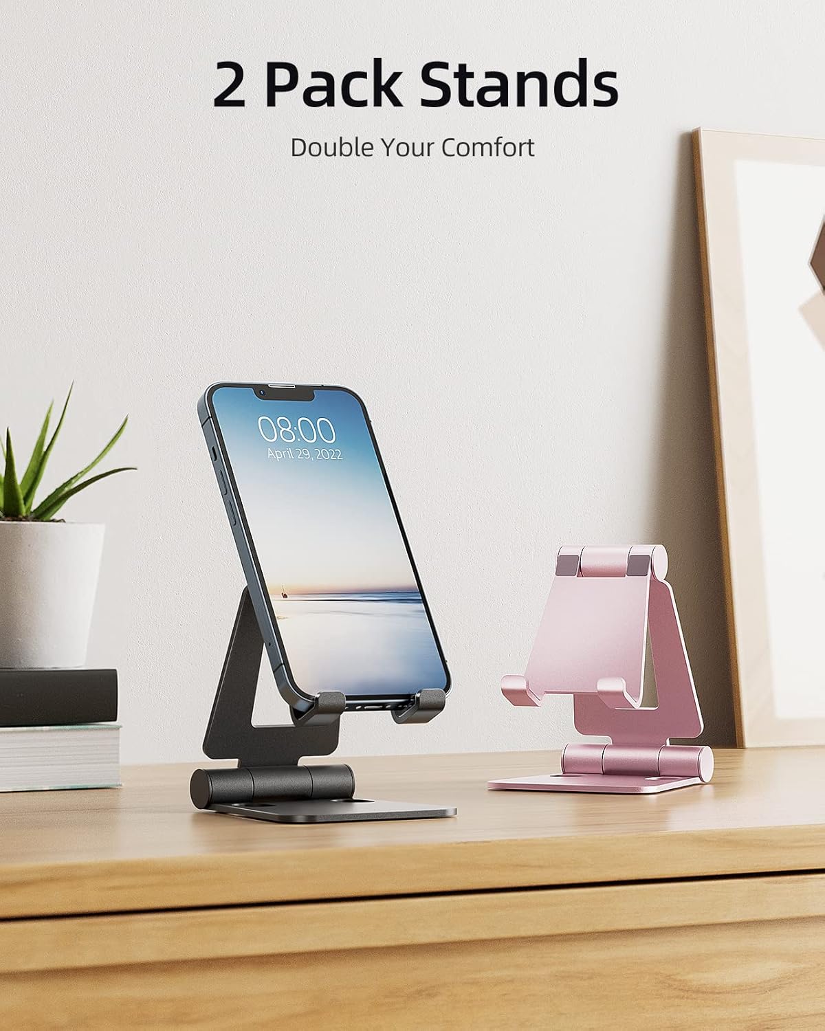 Nulaxy 2 Pack Dual Folding Cell Phone Stand, Fully Adjustable Foldable Desktop Phone Holder Cradle Dock Compatible with Phone 16 15 14 13 12 Pro Xs Xs Max Xr, All Phones, Black & Rose Gold