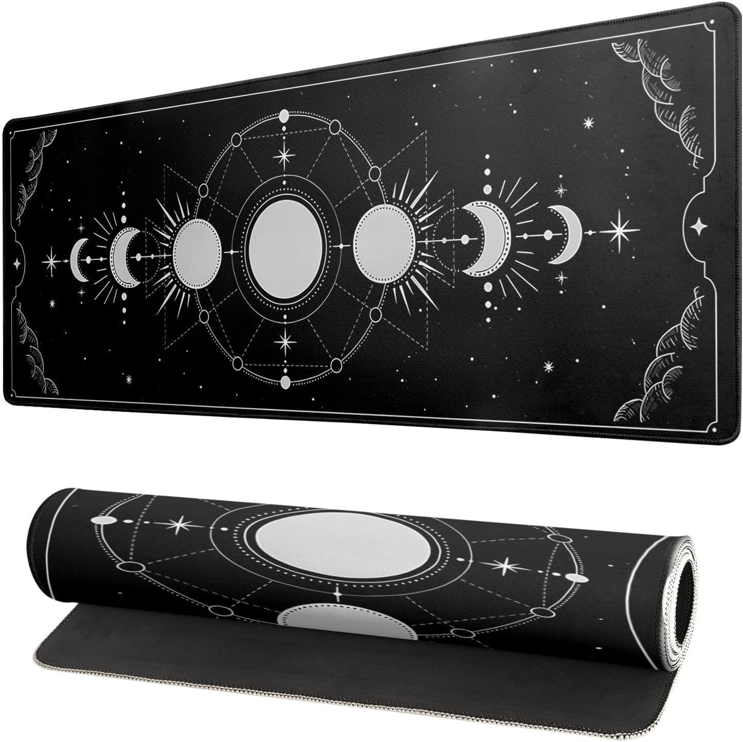 Sun Moon Gaming Mouse Pad Black Large Mouse Pad for Keyboard and Mousepad Desk Mat with 3mm Non-Slip Base and Stitched Edge for Gaming and Office Computer Mat Protector Mat 31.5x11.8 Inch