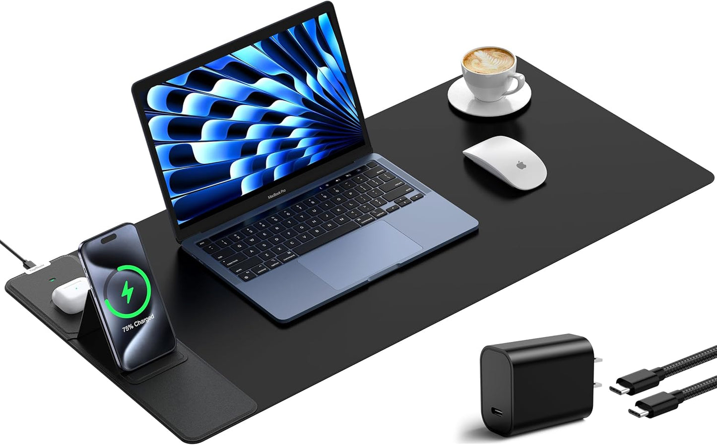 TopMade Mouse Pad with 15W Wireless Charging & Phone Holder, 31.5" x 15.75" XXL Large Desk Pad, Waterproof Gaming Mousepad Home Office Desk Mat (Includes 20W PD Power Adapter & 6.56ft Woven Cable)
