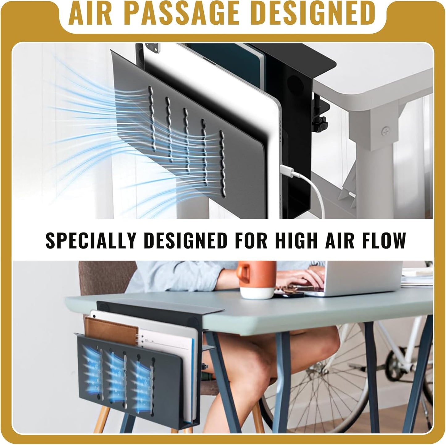 Desk Side Storage – Heavy-Duty Steel Laptop Holder Desk Attachment with Magnetic Pen Holder, Side Table No Drill Clamp Desk Organizer, Hanging Desk Organizer for Home & Office – Black