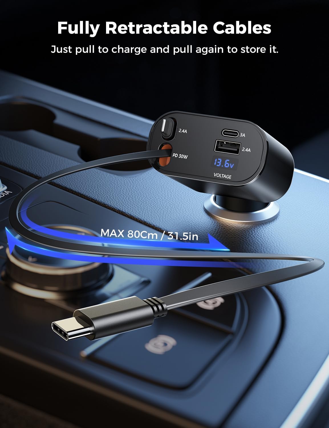 Retractable Car Charger 4 in 1 Fast Car Phone Charger Adapter with Type C & Apple Cords Compatible with iPhone 16/15/14/13/12/11, Galaxy, Pixel