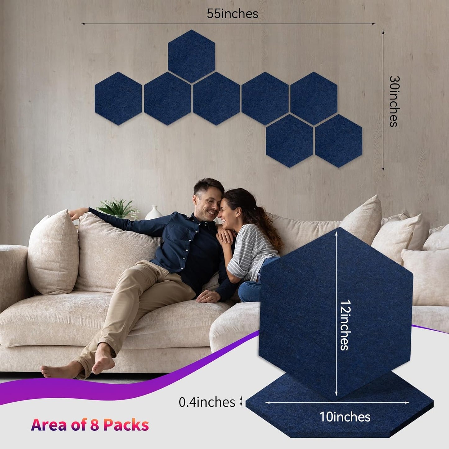 Mollywell Hexagon Acoustic Panels, High Density, Soundproofing, Decorative Noise Reduction Felt Wall Tiles for Ceilings, Home Office & Gaming Room (Deep Blue), 12x10x0.4 Inch