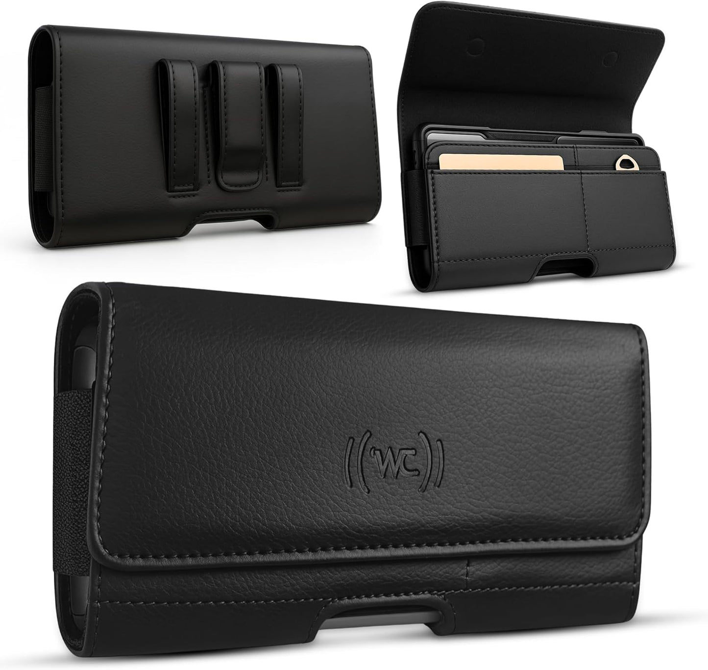 Leather Phone Holster for Men & Women, Horizontal Cell Phone Case with ID/Card Holder, Fits iPhone 13/12 Mini, SE, Xs/X, 8, 6s - Belt Clip/Loop Carrying Phone Pouch – Small Size