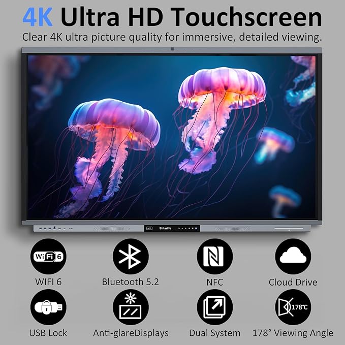 Shiarffe R9 Smart Board 65 Inch 4K Interactive Whiteboard Google EDLA-Certified All-in-One Touchscreen Digital Display Built-in 50MP AI Camera Mics and 60W Speaker for Classrom Hybrid Work