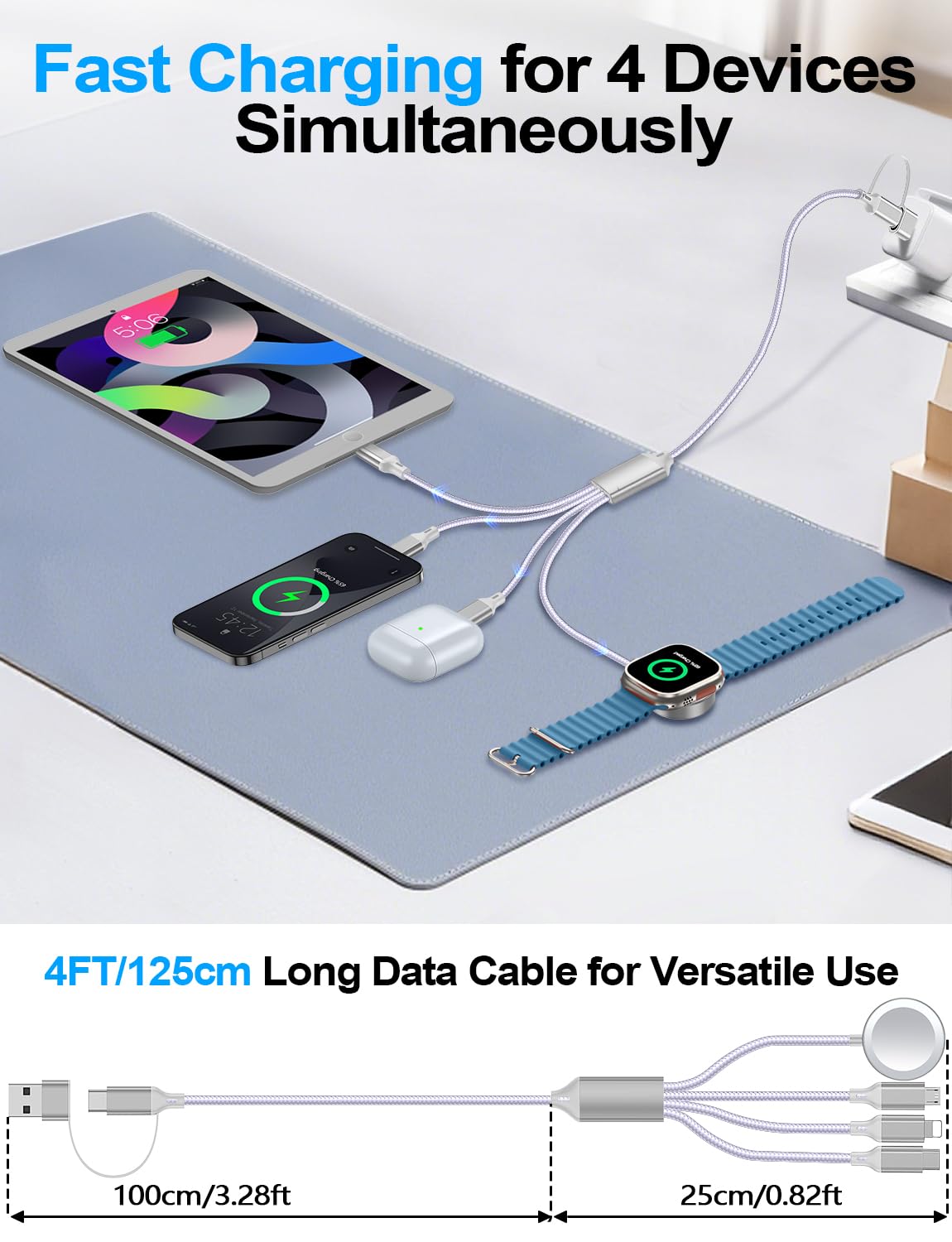 4-in-2 Charging Cable for Apple Watch Charger/Samsung/iPhone Charger,Car/Office/Camping/Travel Essentials,Type C Cable Multi Cord for iWatch Ultra/10-2/iPhone 16-11/Samsung S25-S20,iPad,airPods-Purple