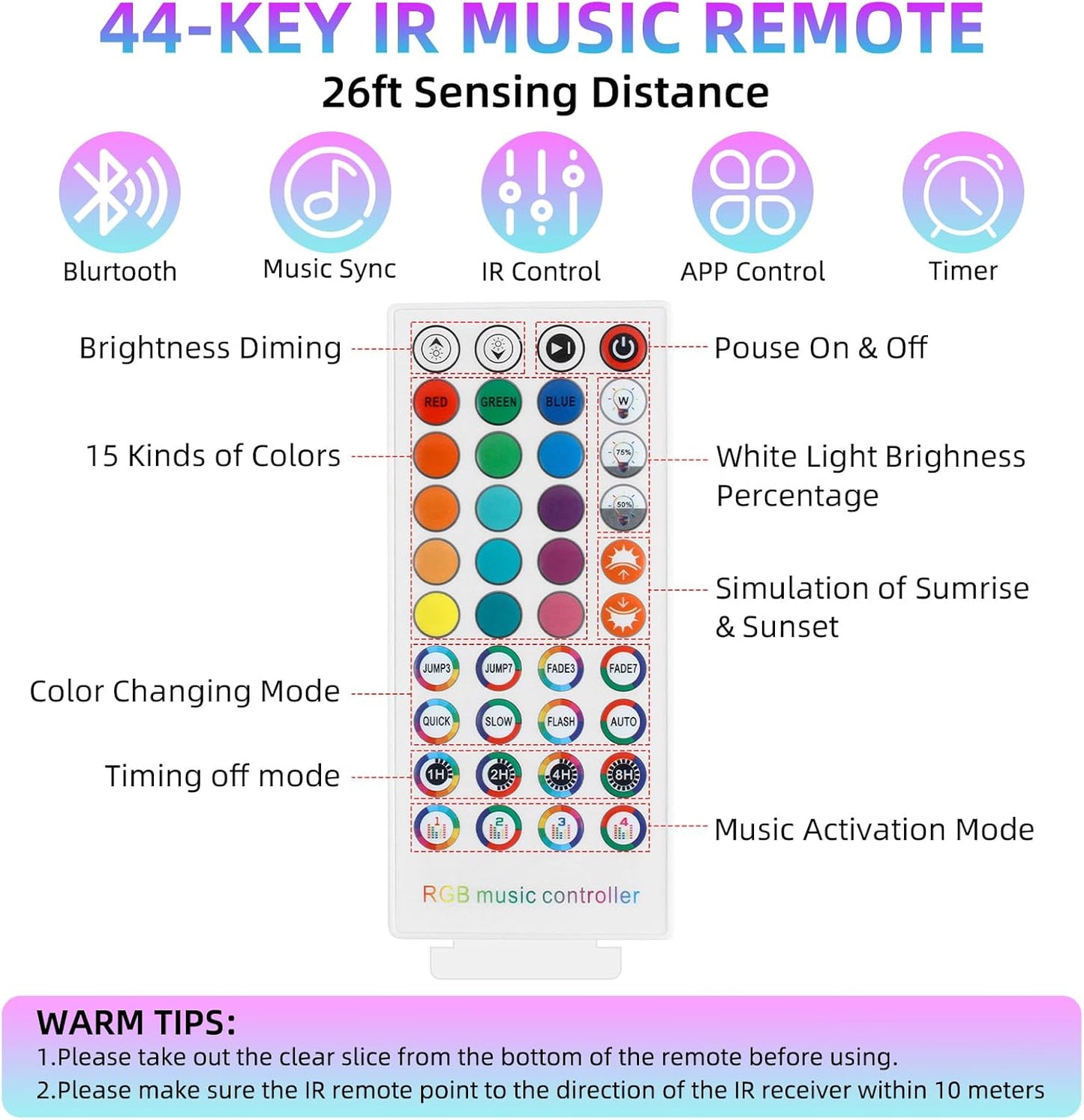 RGBZONE Bluetooth RGB LED Controller, 4-PIN Smart Music LED Strip Lights Controller, 40-Keys IR Remote Control for 5V/12V/24V SMD 5050 3528 RGB LED Strip Lights