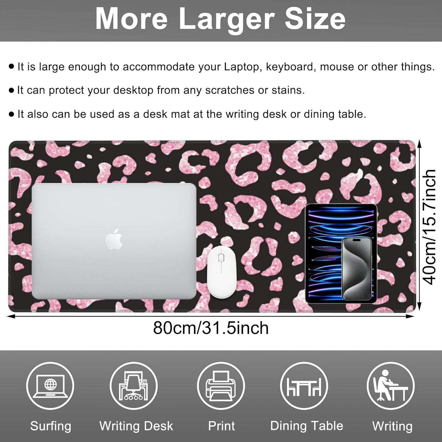 Mouse Pad, Large Rose Pink Leopard Printings Desk Mat, Extended Non-Slip Gaming Keyboard Mousepad Desk Pad, Thick Stitched Edges Waterproof Mouse Mat 31.5"x15.7" (Glittery Leopard Prints)
