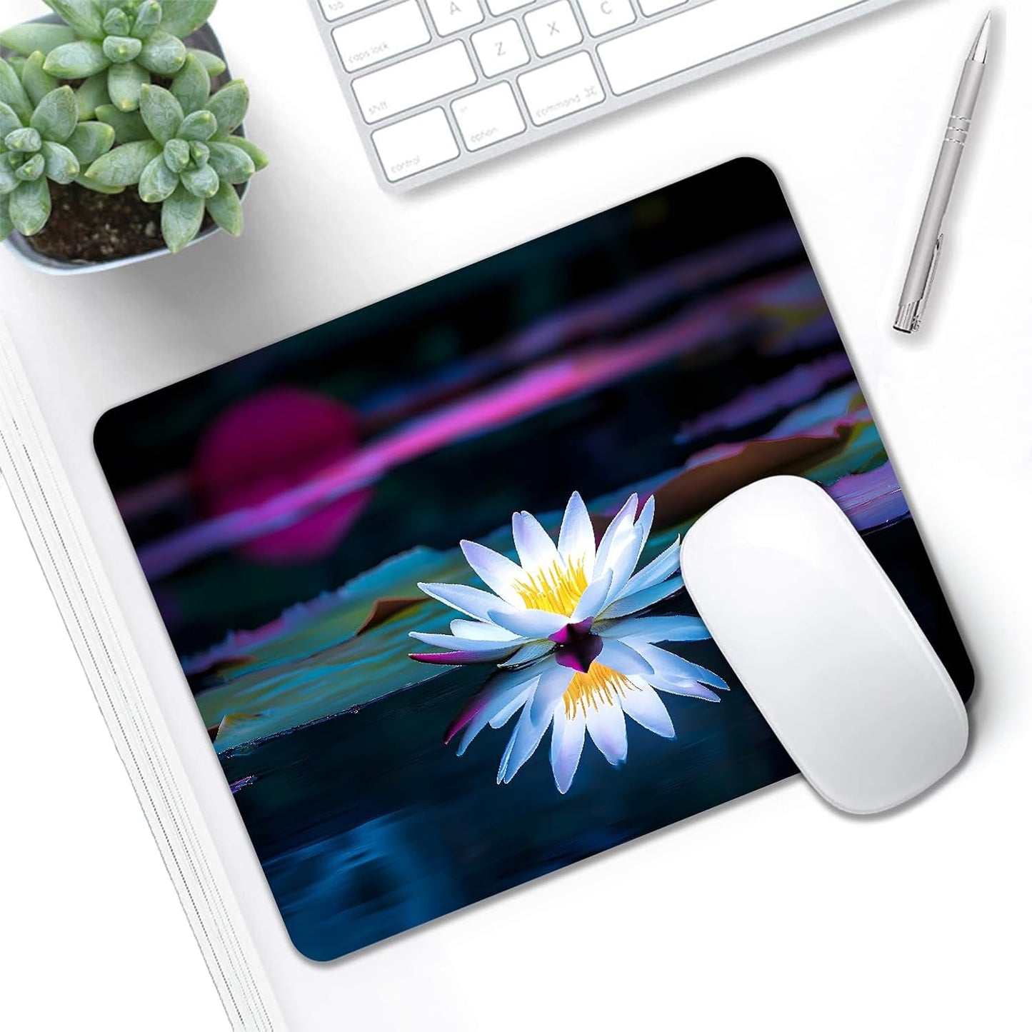 Mouse Pad, Cute Lake White Lotus Flowers Mouse Pads for Desk, 9.5" x 7.9" Non-Slip Rubber Base Computer Mousepad with Women, Portable Square Design for Wireless Mouse and Pad Laptop Office & Travel