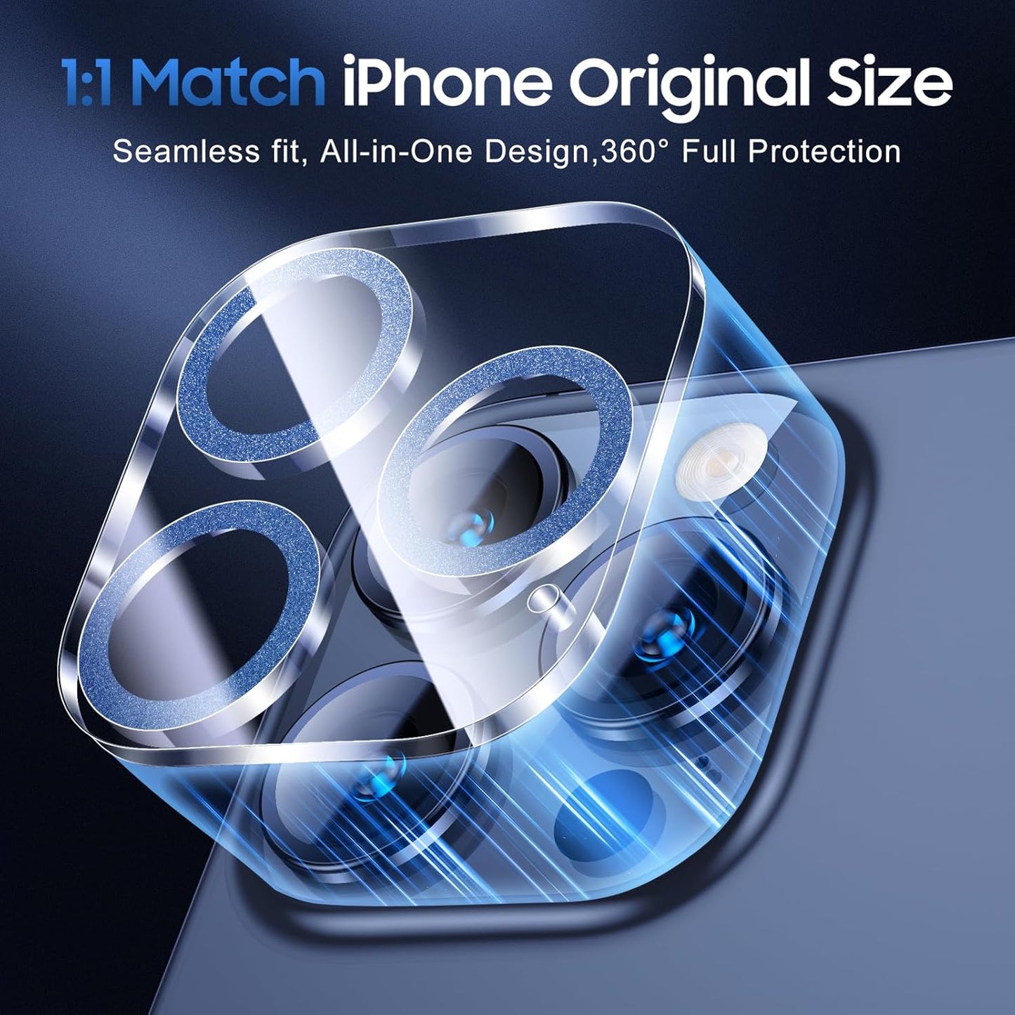 UniqueMe for 3 Pack iPhone 15 Pro/iPhone 15 Pro Max Camera Lens Protector, [Drop Protection] [Case Friendly] 9H+ Tempered Glass Camera Cover Screen [Update New Version] - Glitter Blue